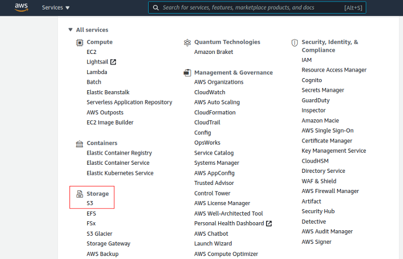 Console of the aws service