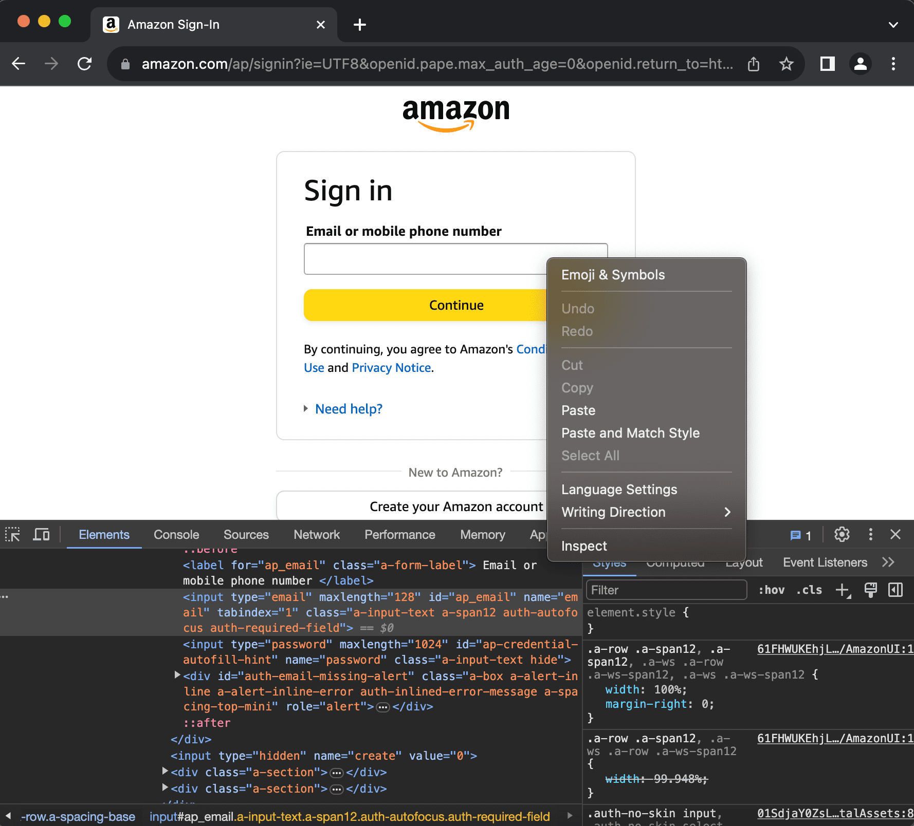 Amazon Login automation inspect element for XPATH identification