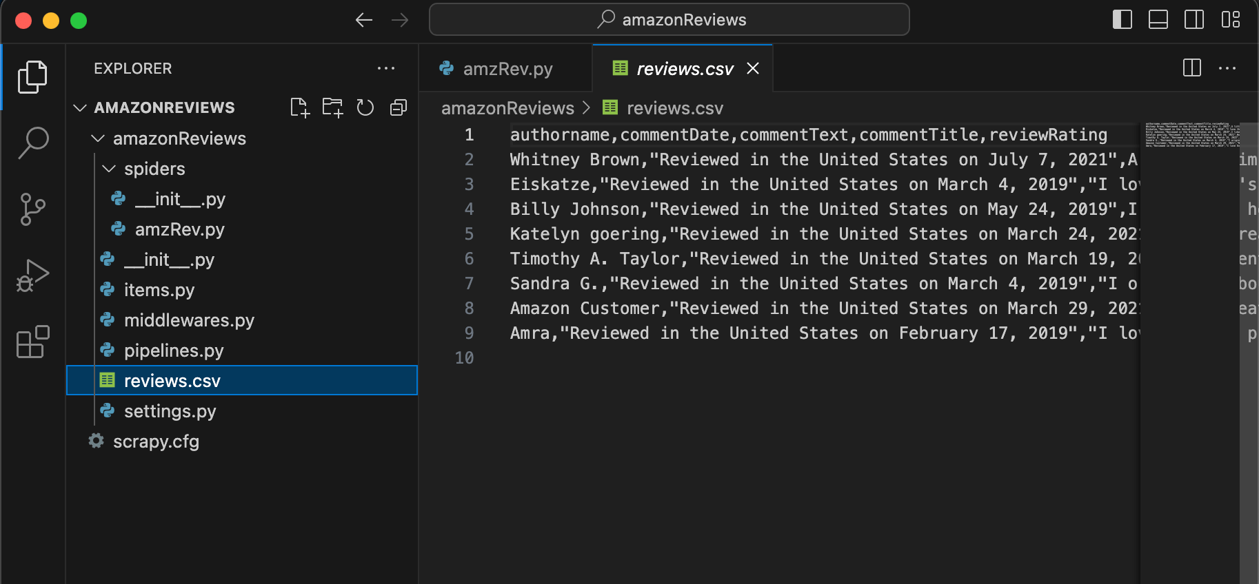 Amazon reviews CSV file created in the Scrapy directory