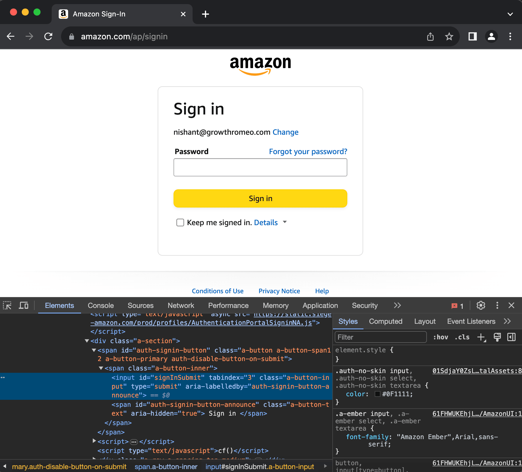 amazon login inspect element for scraping reviews