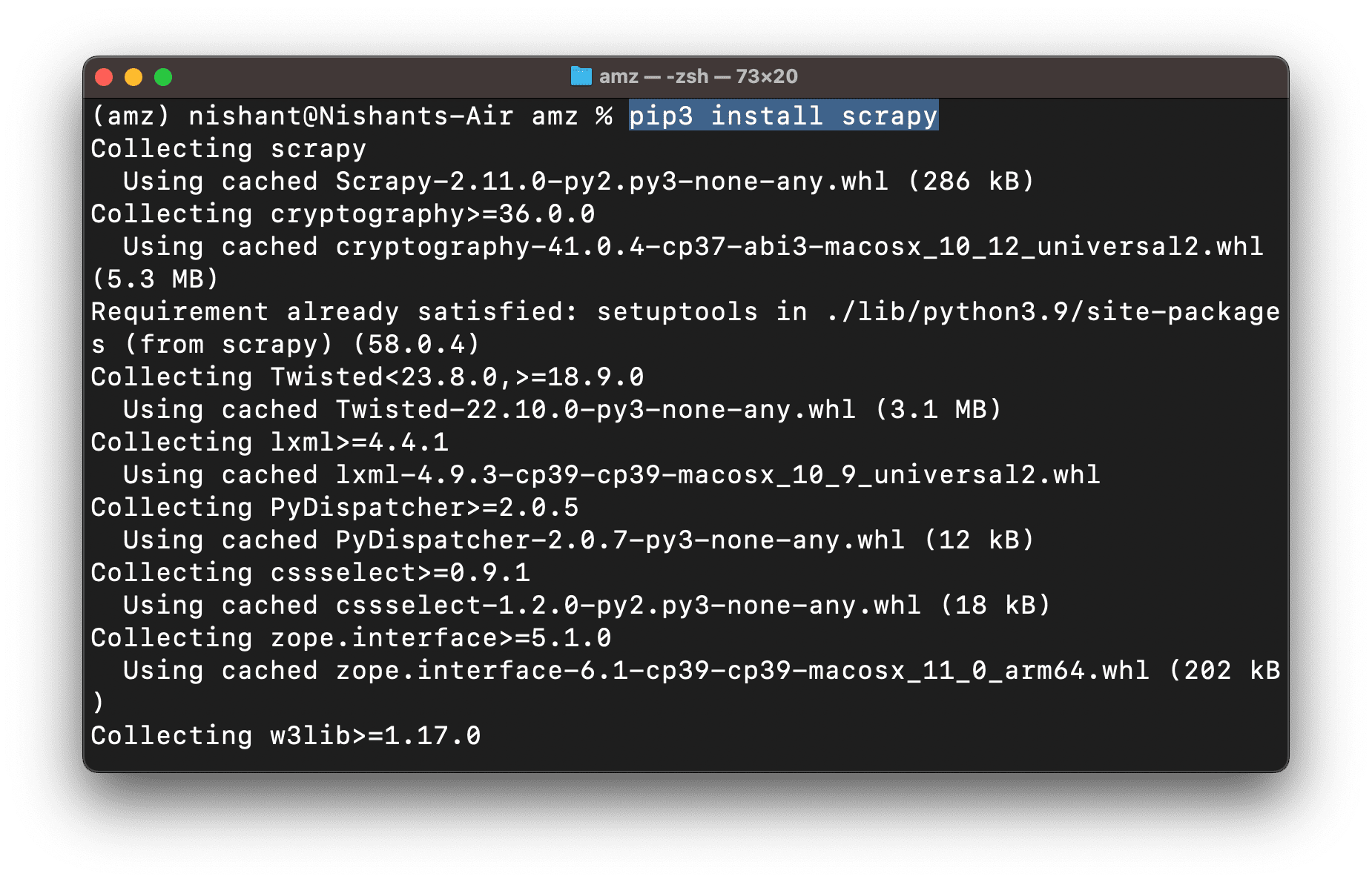 PIP3 install scrapy command for installing web scraping package