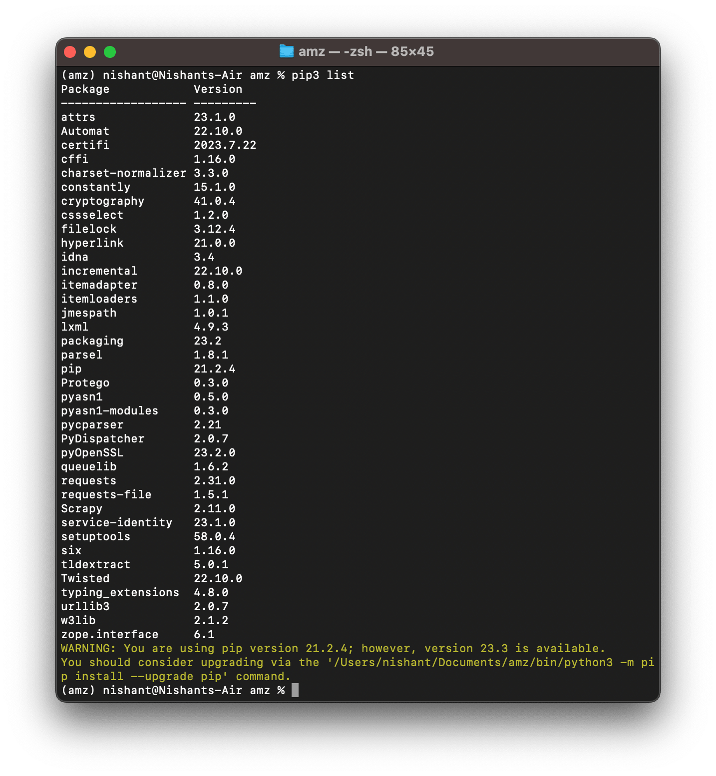 pip3 list to check installed python packages