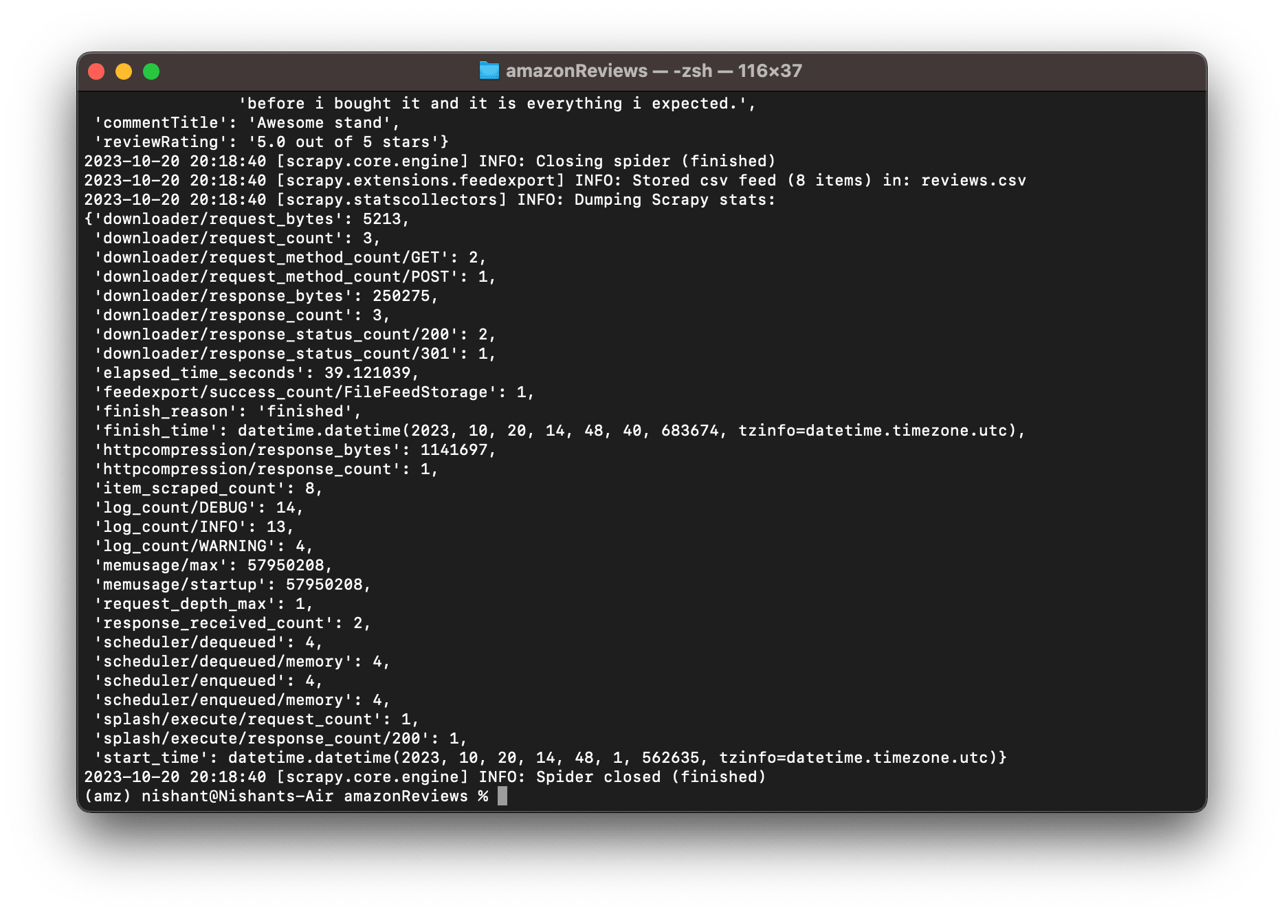 Scrapy crawl report for scraping amazon reviews