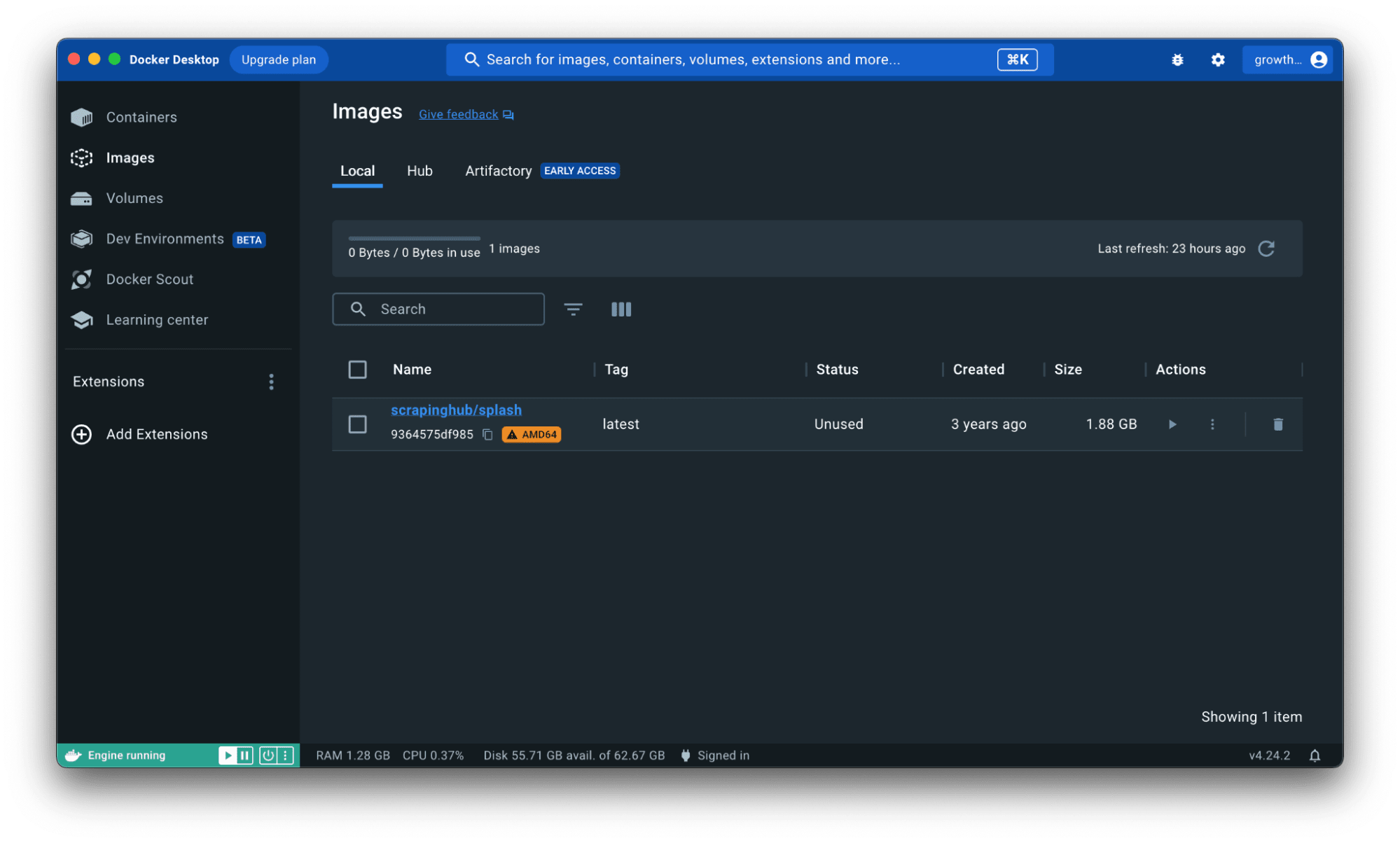 Docker desktop application dashboard