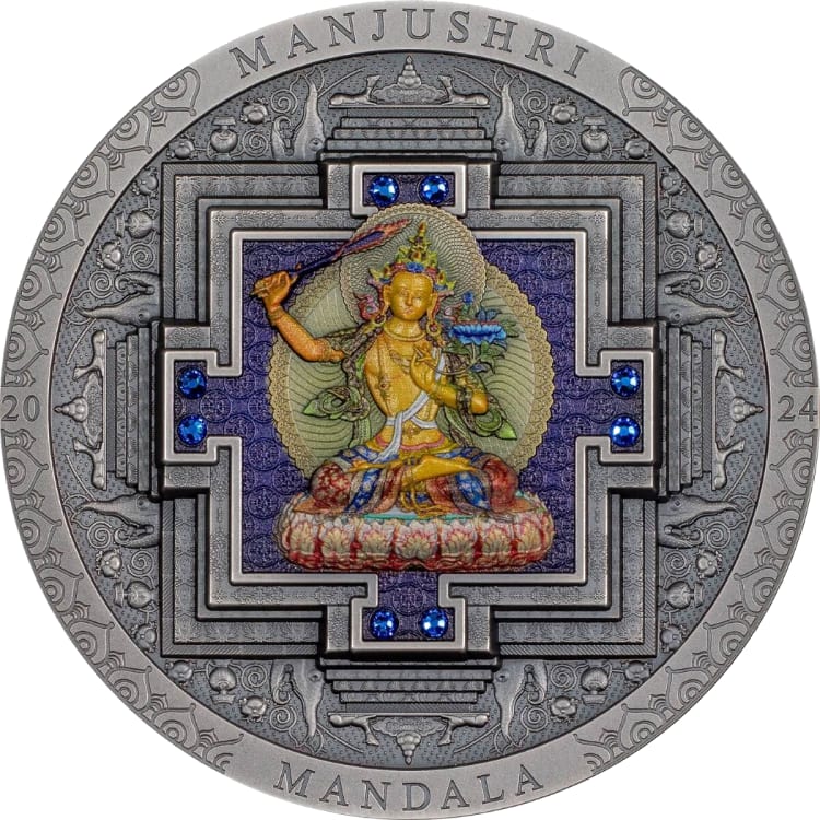 Archeology & Symbolism – Mandala Buddha 3-oz antique with partial coloring silver coin 2024
