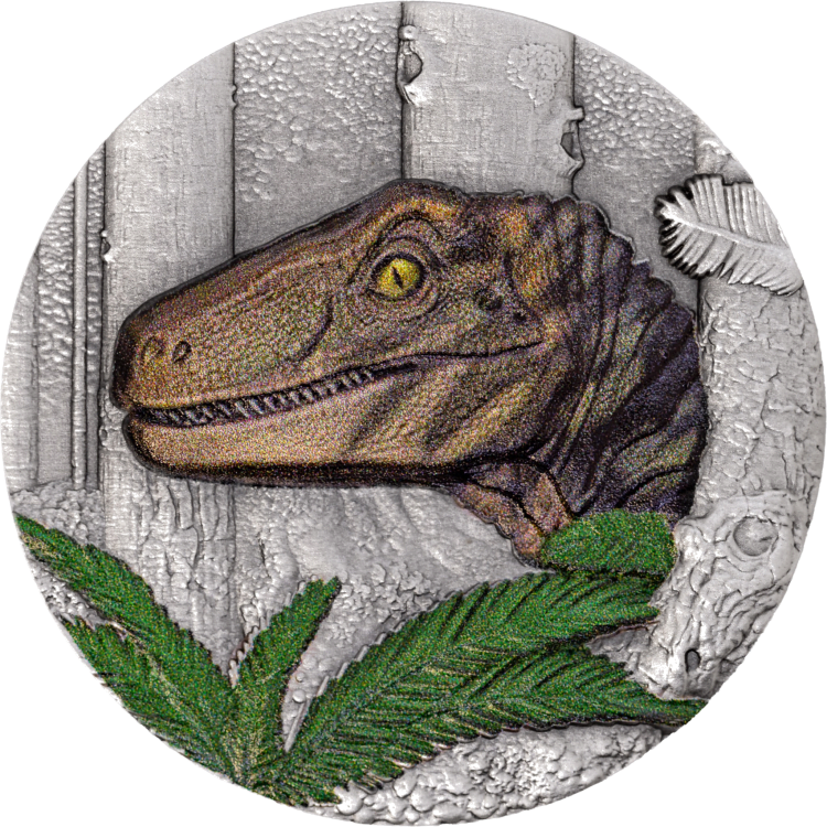 Velociraptor Ultra High Relief Antiqued 1 oz Silver Coin BU 2026