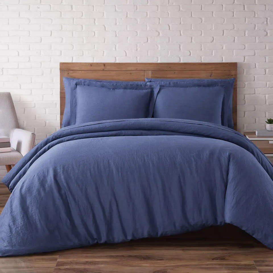 Linen 3-Piece Duvet Set in Navy Blue, Full/Queen