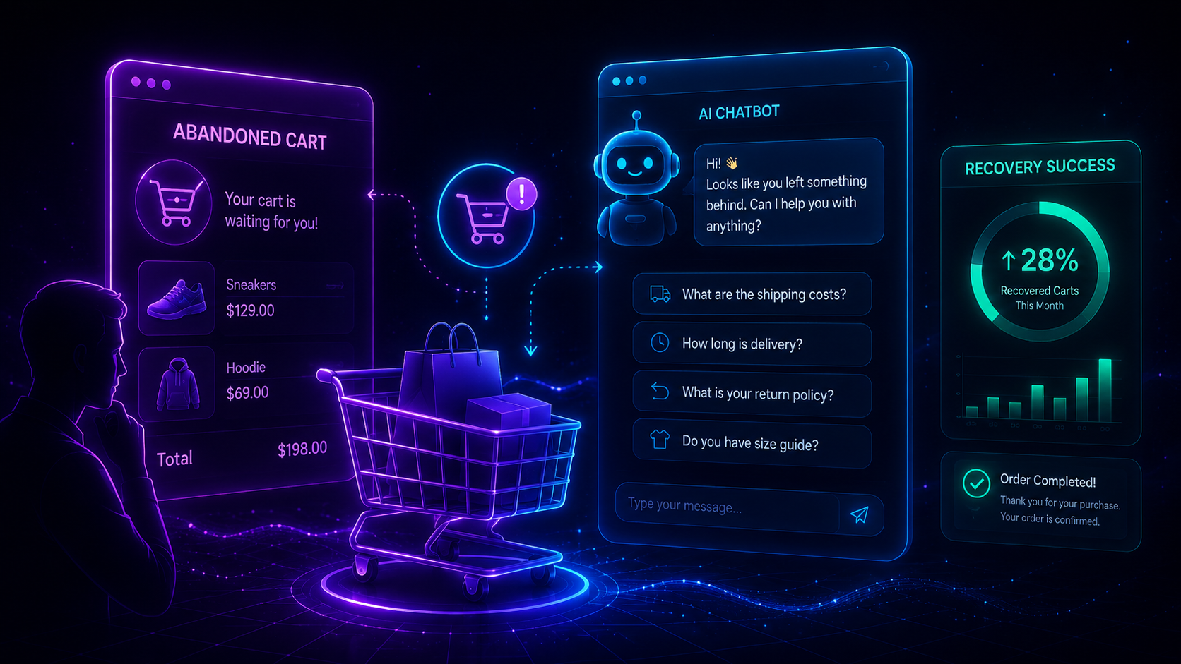 AI chatbot helping recover abandoned shopping carts during ecommerce checkout