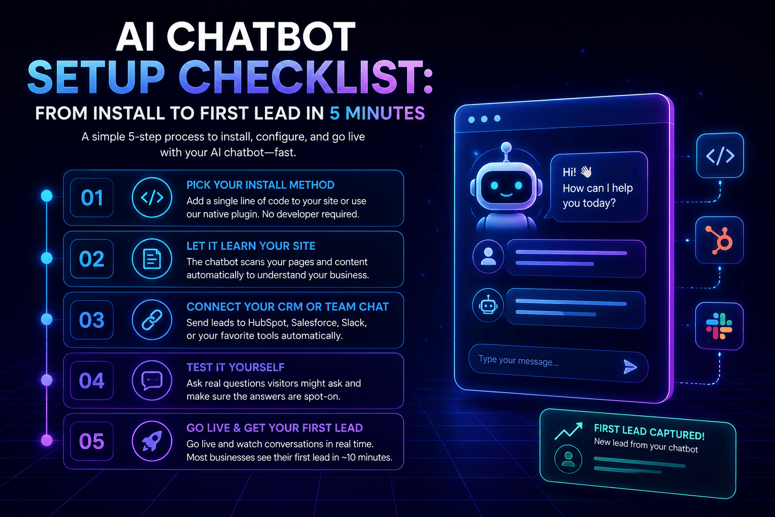 AI chatbot setup checklist showing the five-step installation process from website integration to capturing the first customer lead.