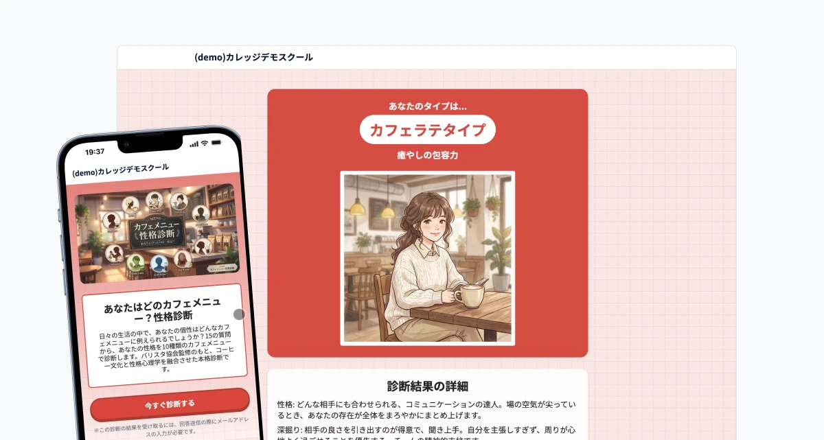 診断機能のイメージ。PC・スマホで表示される「カフェメニュー性格診断」の診断結果画面
