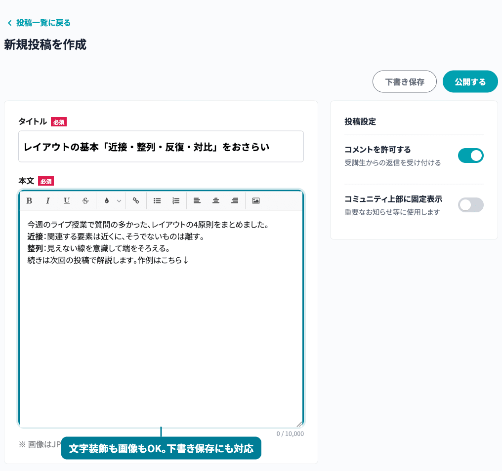 投稿作成画面。リッチテキストエディタで文字装飾や画像を使った投稿を作成でき、下書き保存にも対応