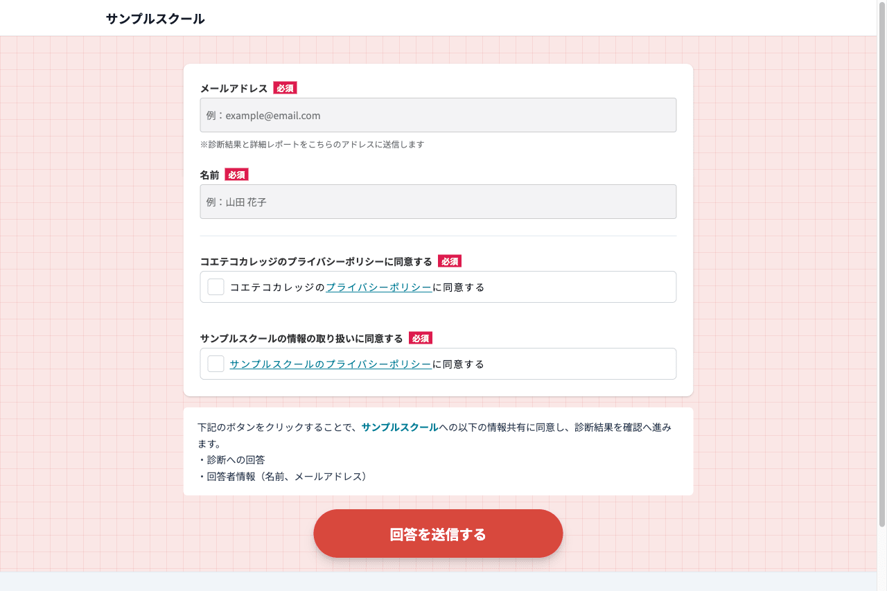 受験者側のメールアドレス入力画面。結果を見るにはメールアドレスと名前の入力が必要