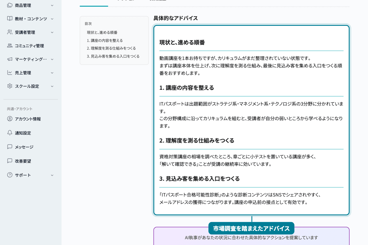 「具体的なアドバイス」画面。市場調査を踏まえた提案が見出し付きで表示され、左に自動生成された目次が並ぶ