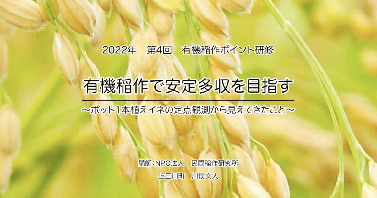 『有機稲作で安定多収を目指す〜ポット１本植えイネの定点観測から見えてきたこと〜」（71分）