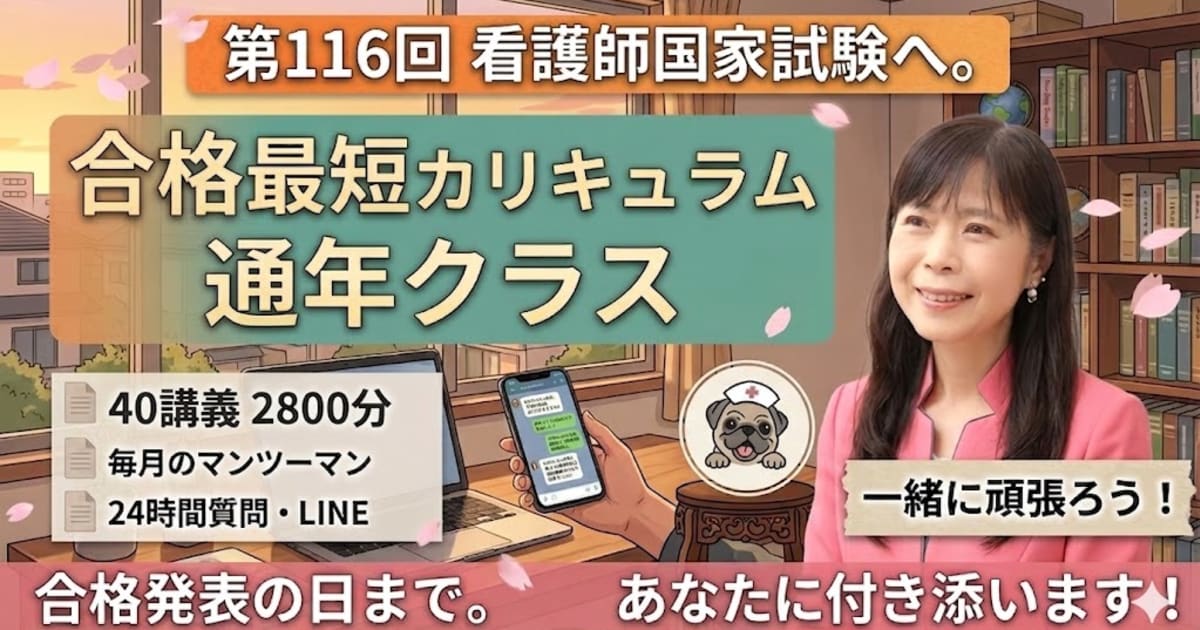 第116回 看護師国家試験 【 合格最短カリキュラム通年クラス 】 全40講義 約2800分  + マンツーマンサポート
