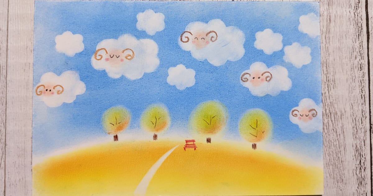 パステルアート通信講座「赤いベンチとひつじ雲」