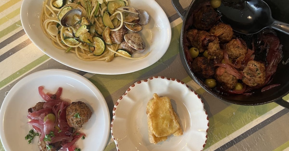 20250524ズームアーカイブ（モッツァレッラインカロッツァ・シチリア風甘酢ミートボール・アサリとズッキーニのパスタ）