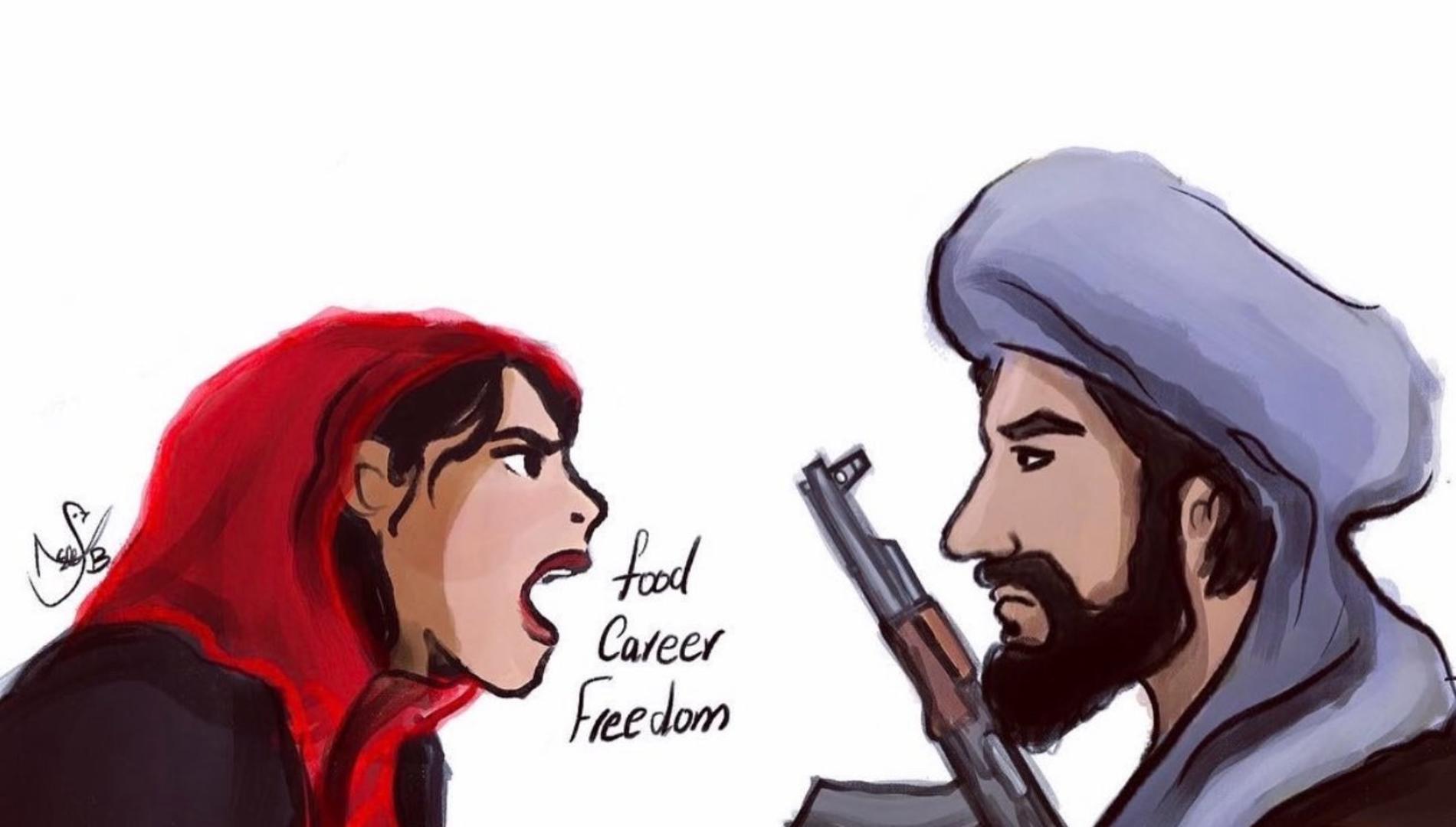 Illustration of an Afghan woman shouting at a Taliban man, separated by the words 'food', 'career' and 'freedom'