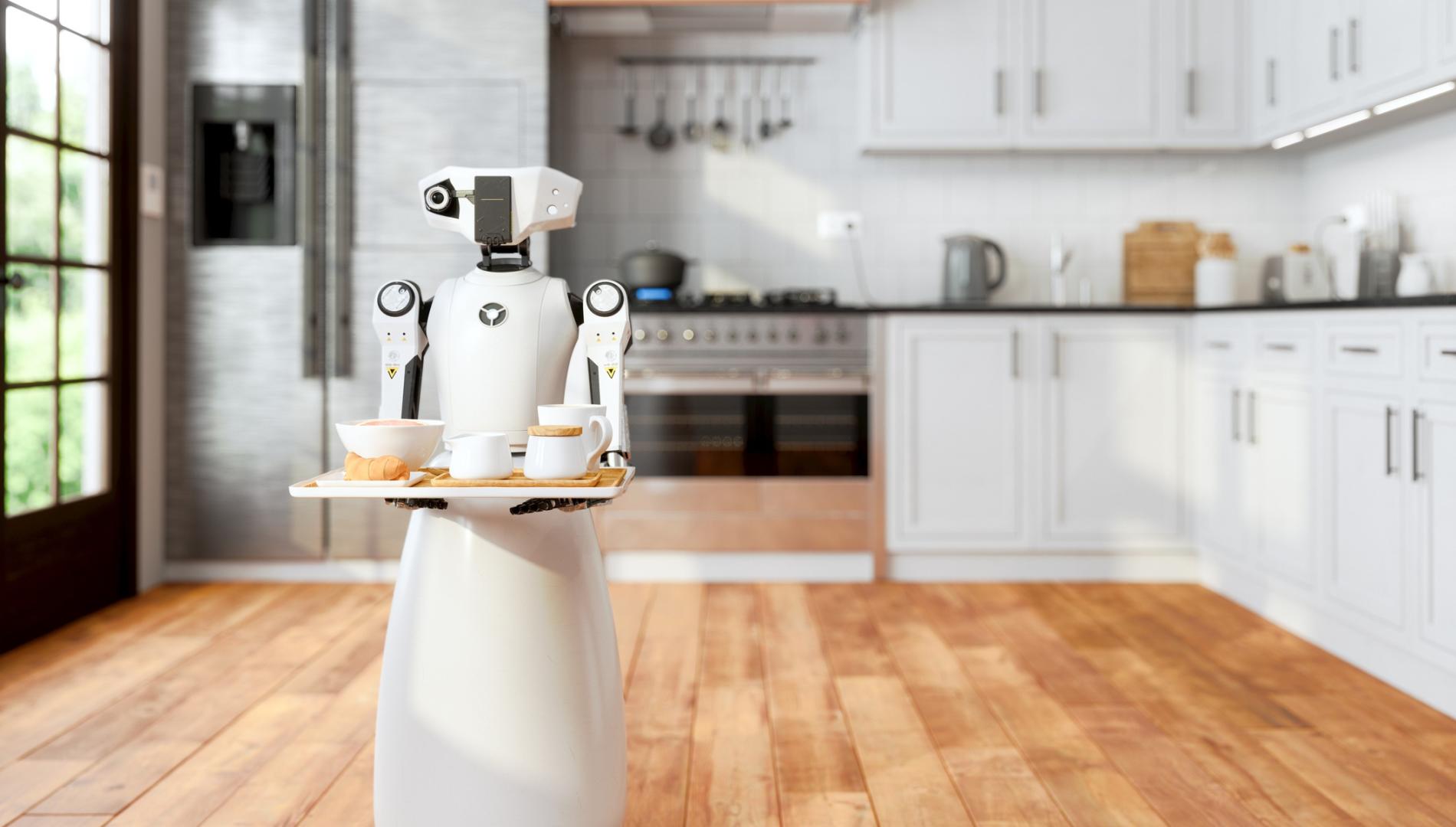 Robot Maid Holding A Tray And Serving Food And Drink In Modern Domestic Kitchen