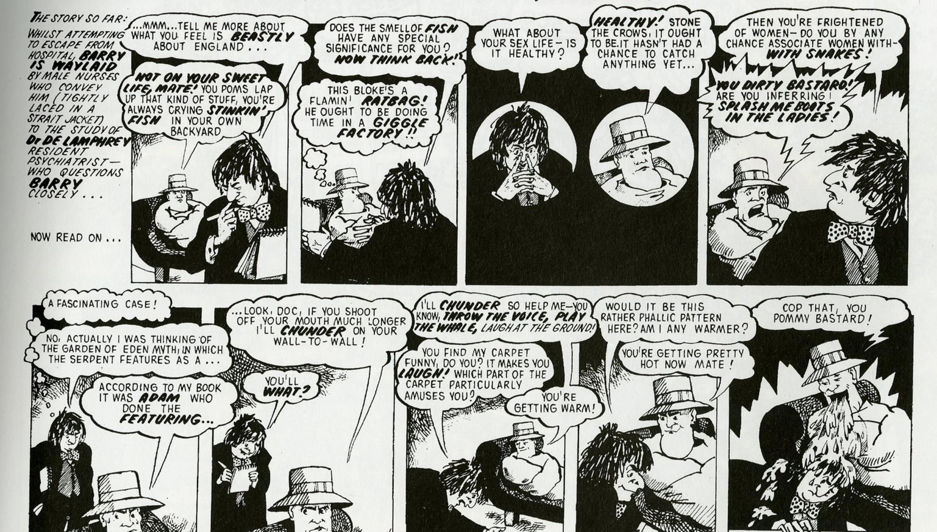 A page of comic panels featuring the character Barry McKenzie, created by Barry Humphries