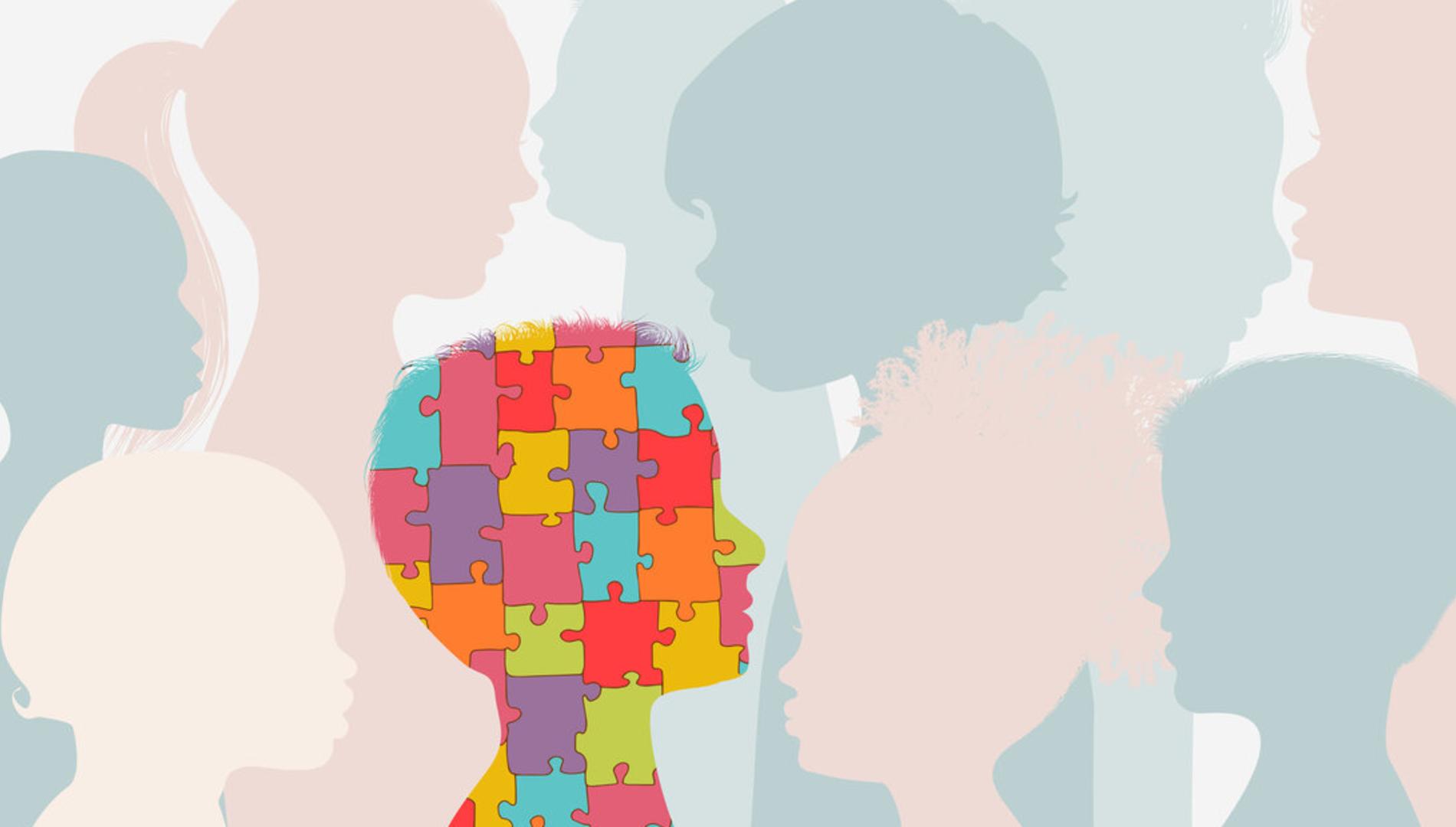 Jigsaw puzzle that forms the head of a child's profile, with other children illustrations in the background