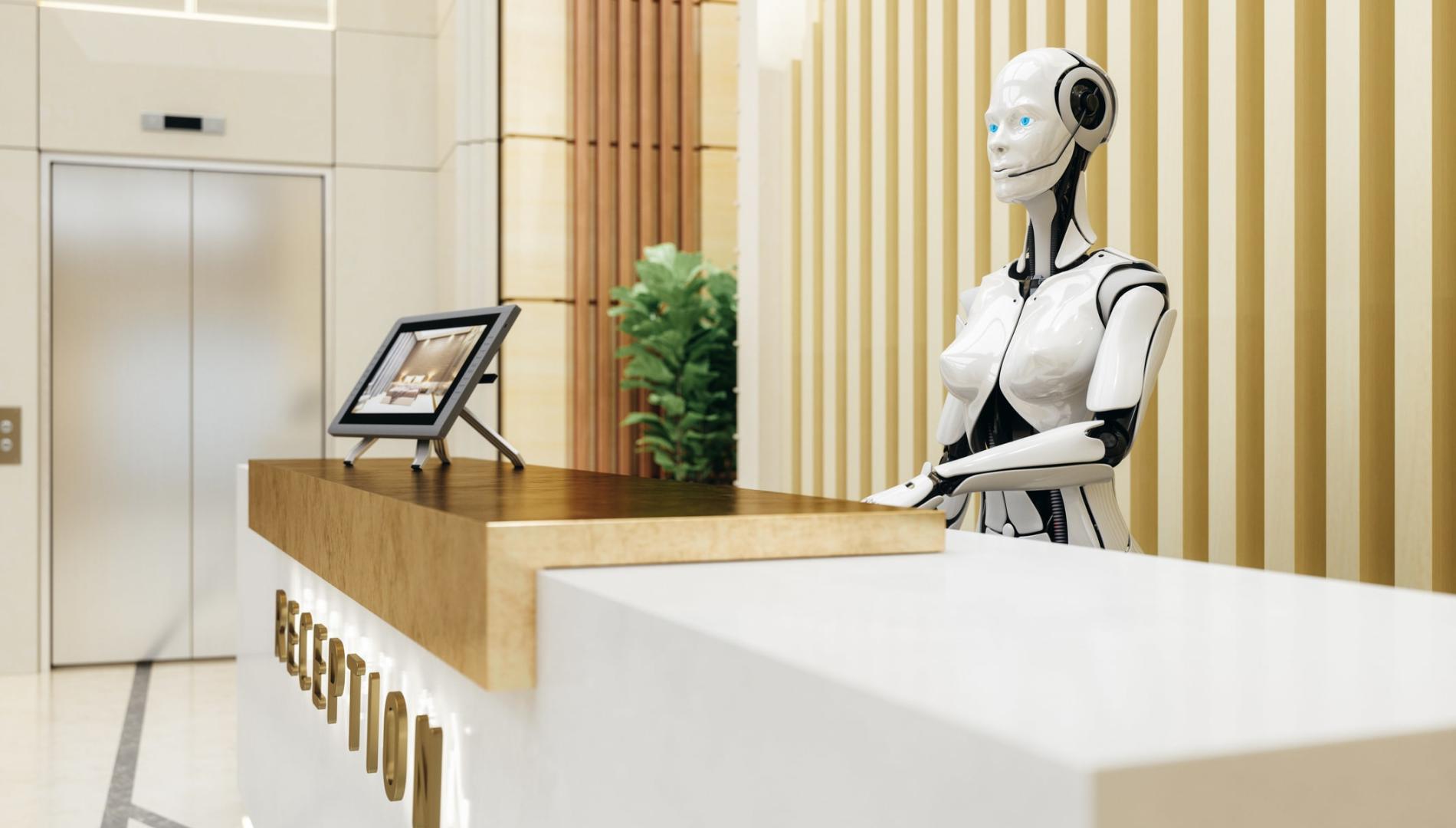 A white robotic figure standing at a reception desk