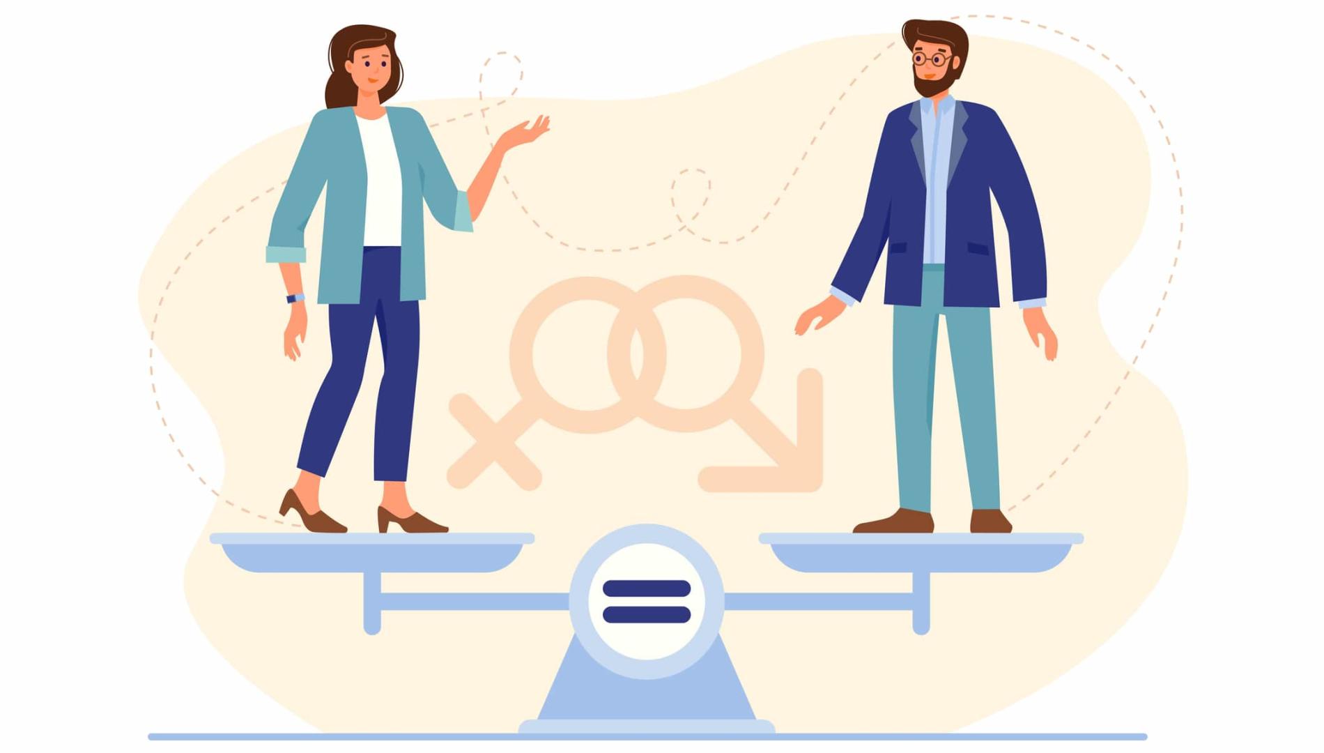 Illustration of woman and man standing on weighing dishes of balance scale – gender equality concept