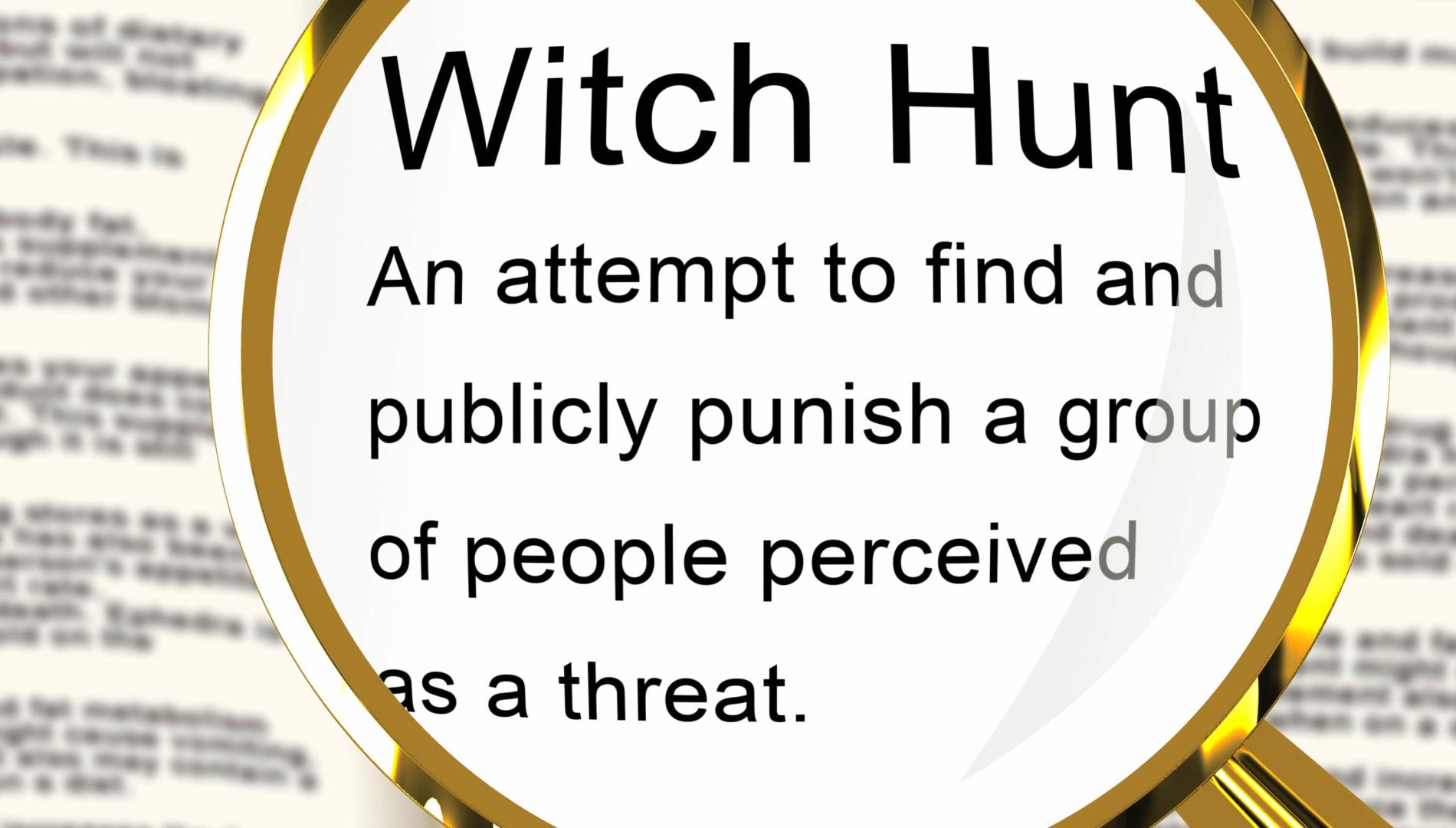 Illustration of witch-hunt definition, meaning harassment or bullying to threaten or persecute