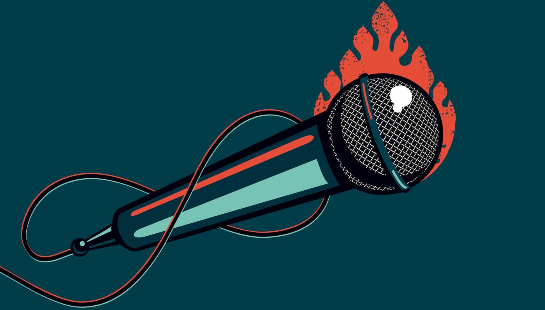 Illustration of a microphone with fire behind it