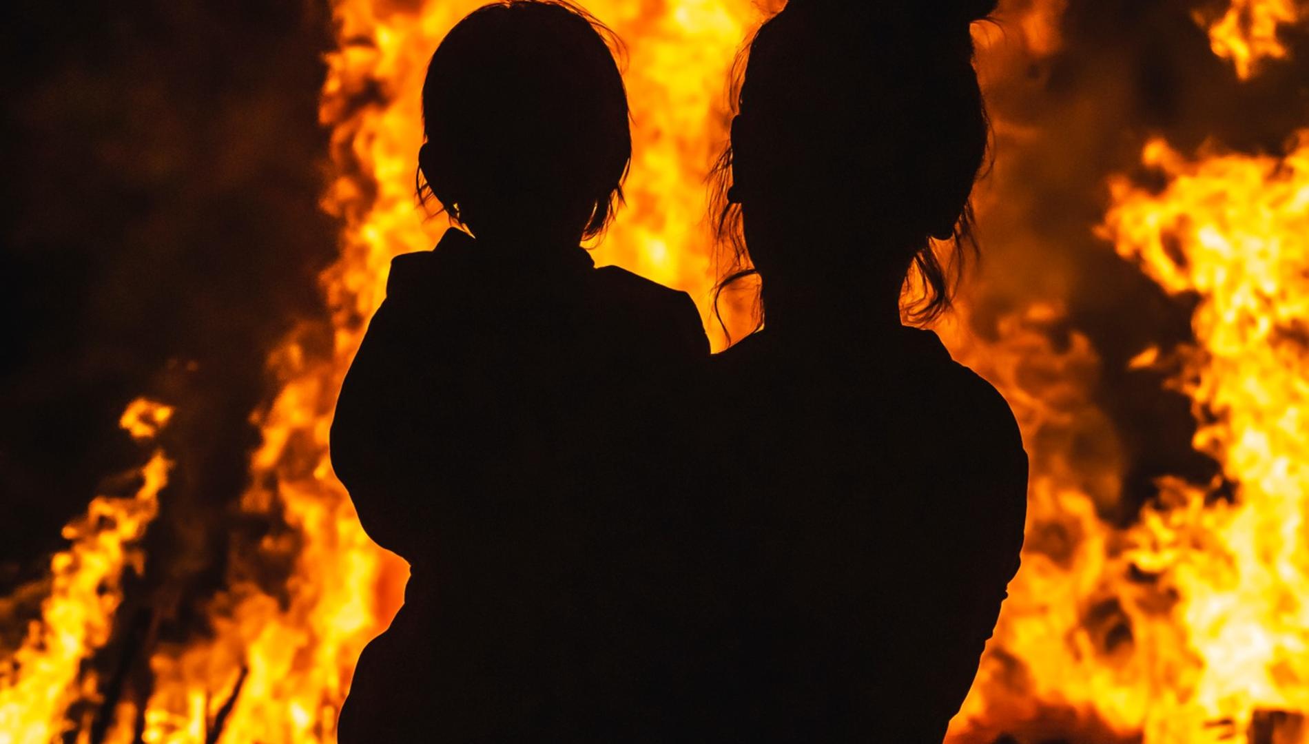 Bonfire Silhouette of Mother and Child