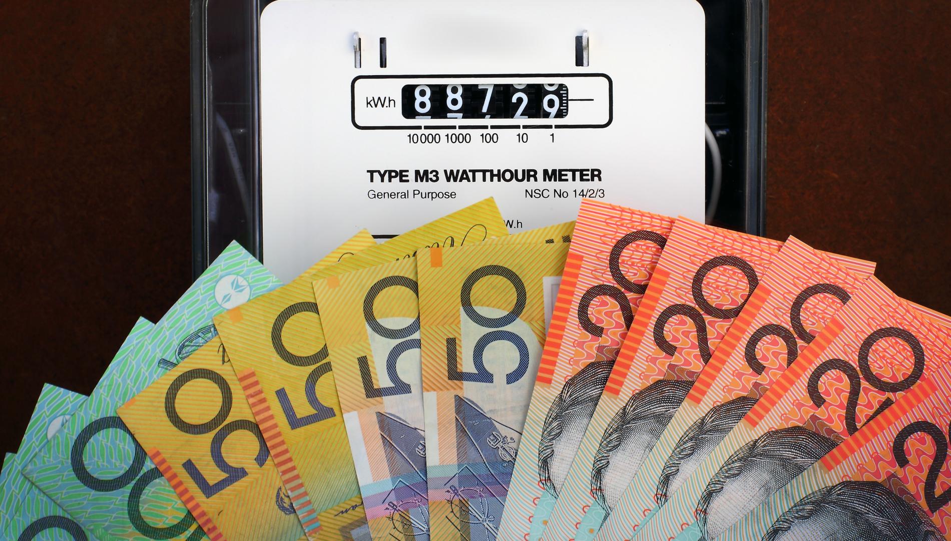 Electricity meter and Australian dollar notes.