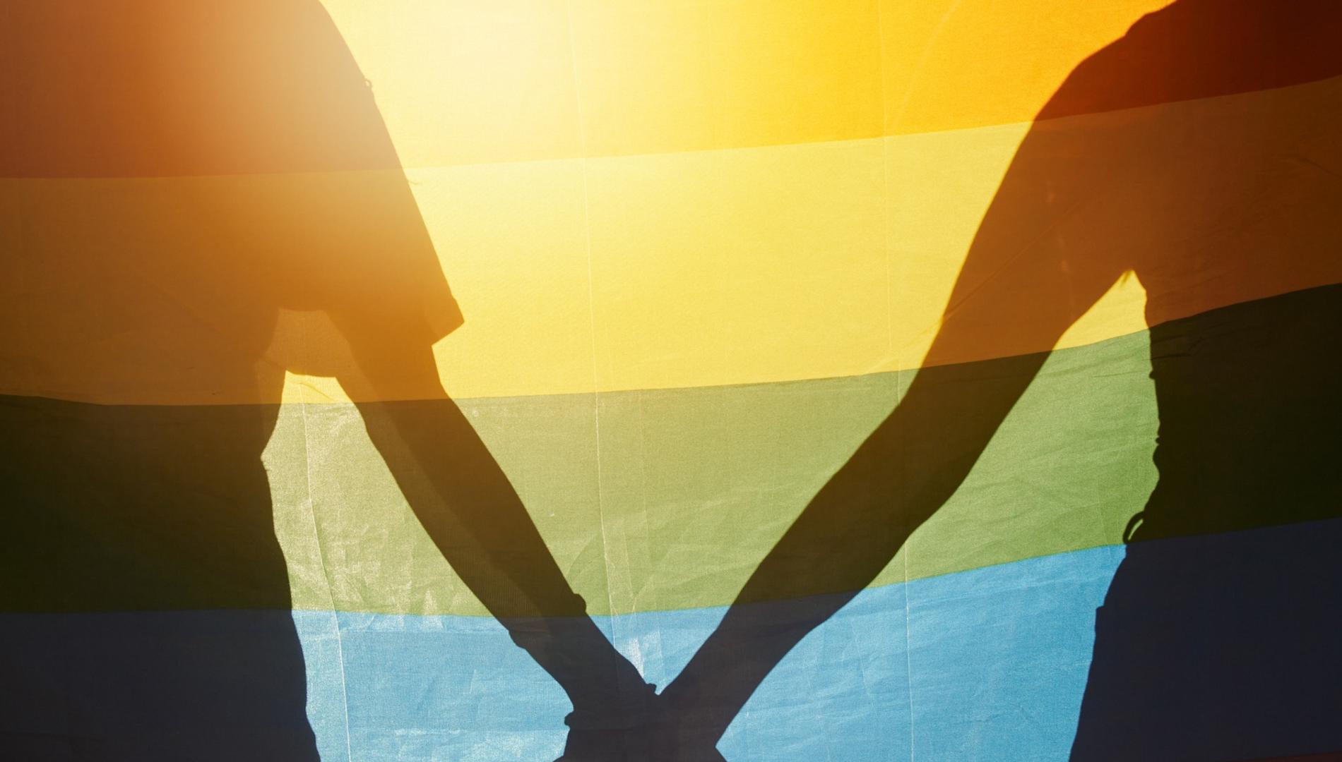 Two silhouetted people holding hands with a Pride flag backdrop