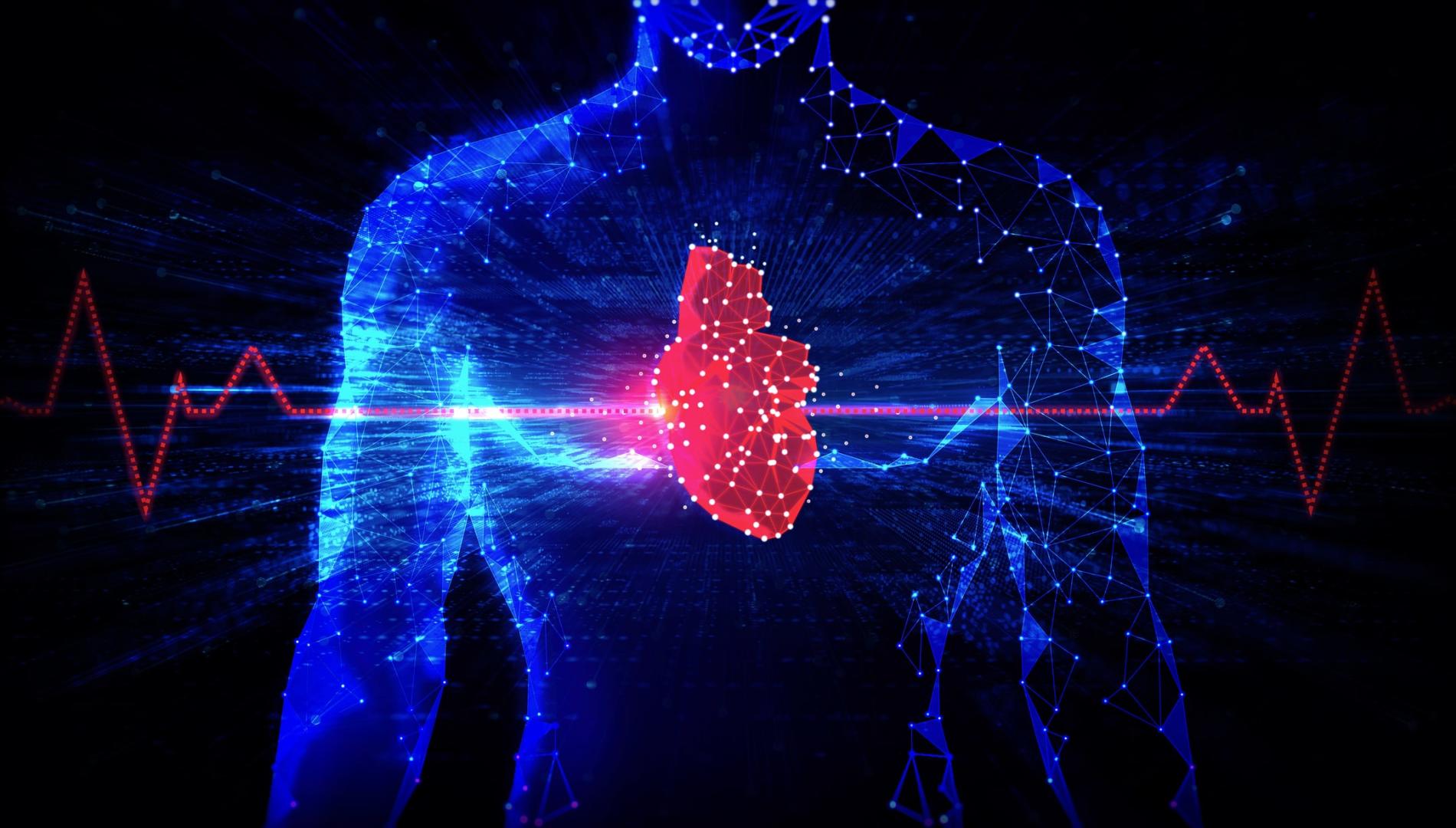 Illustration of a digitised male silhouette with an oversized red heart and a pulse line running through it.