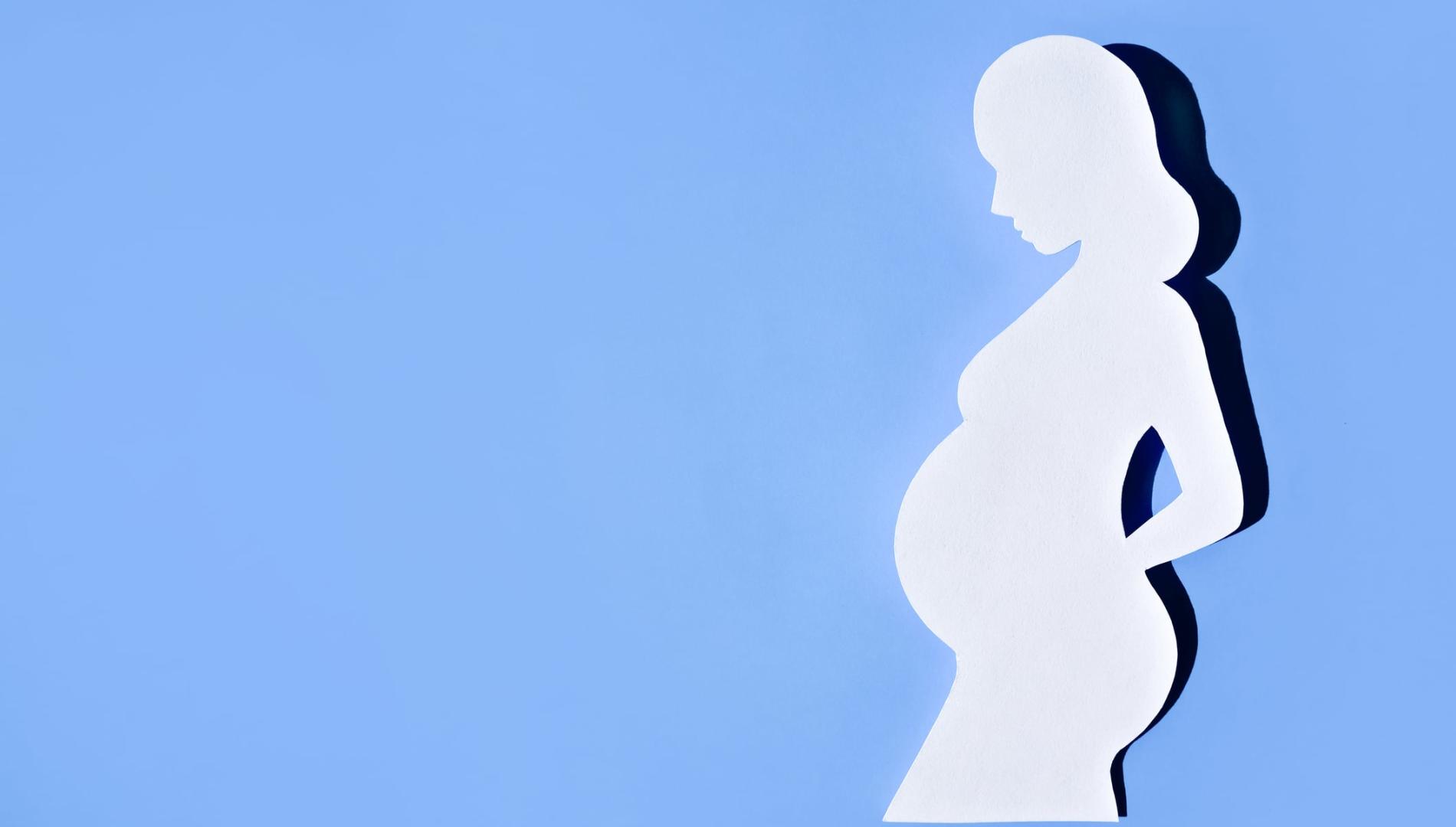 Silhouette of a young pregnant woman on a blue background