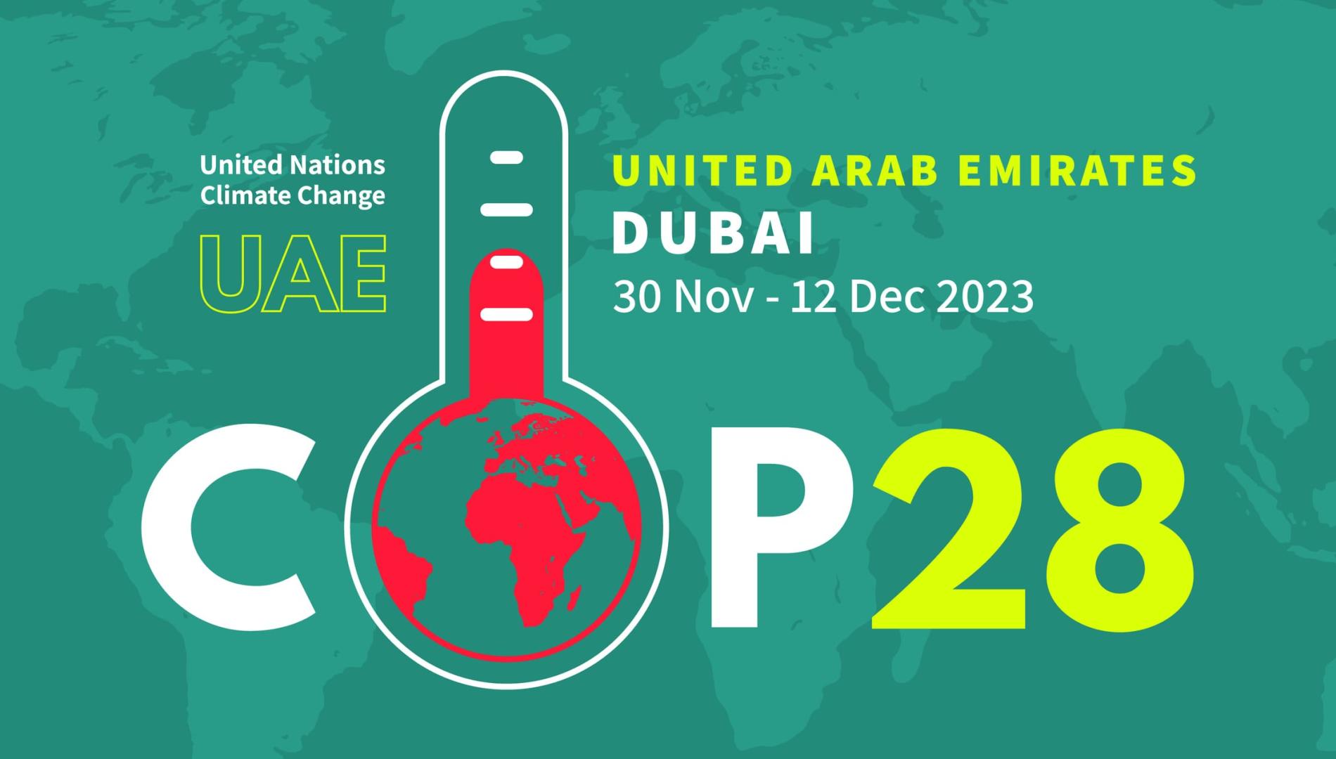 COP28 logo with the Earth in a temperature guage 