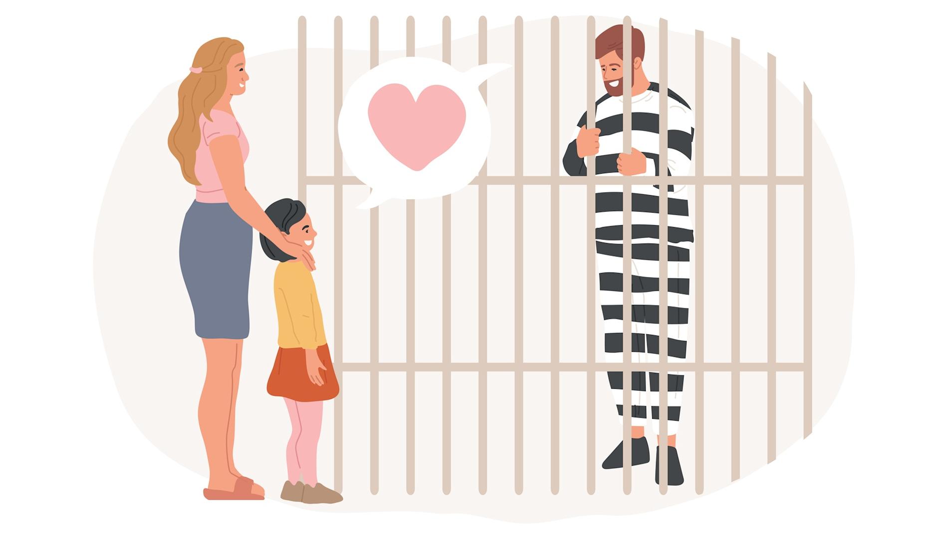 Illustration of a mother and child visiting a prisoner.