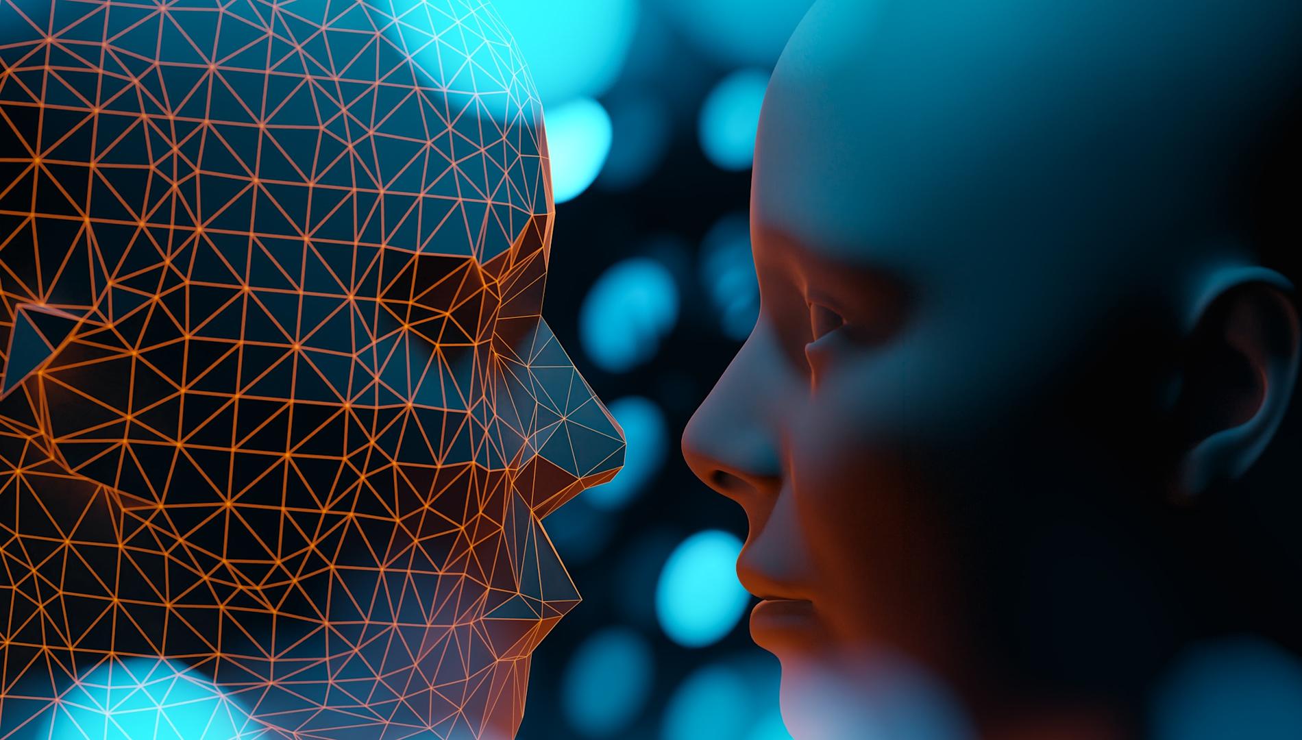 Human head and wireframe AI entity face to face in cyberspace. Deepfake concept