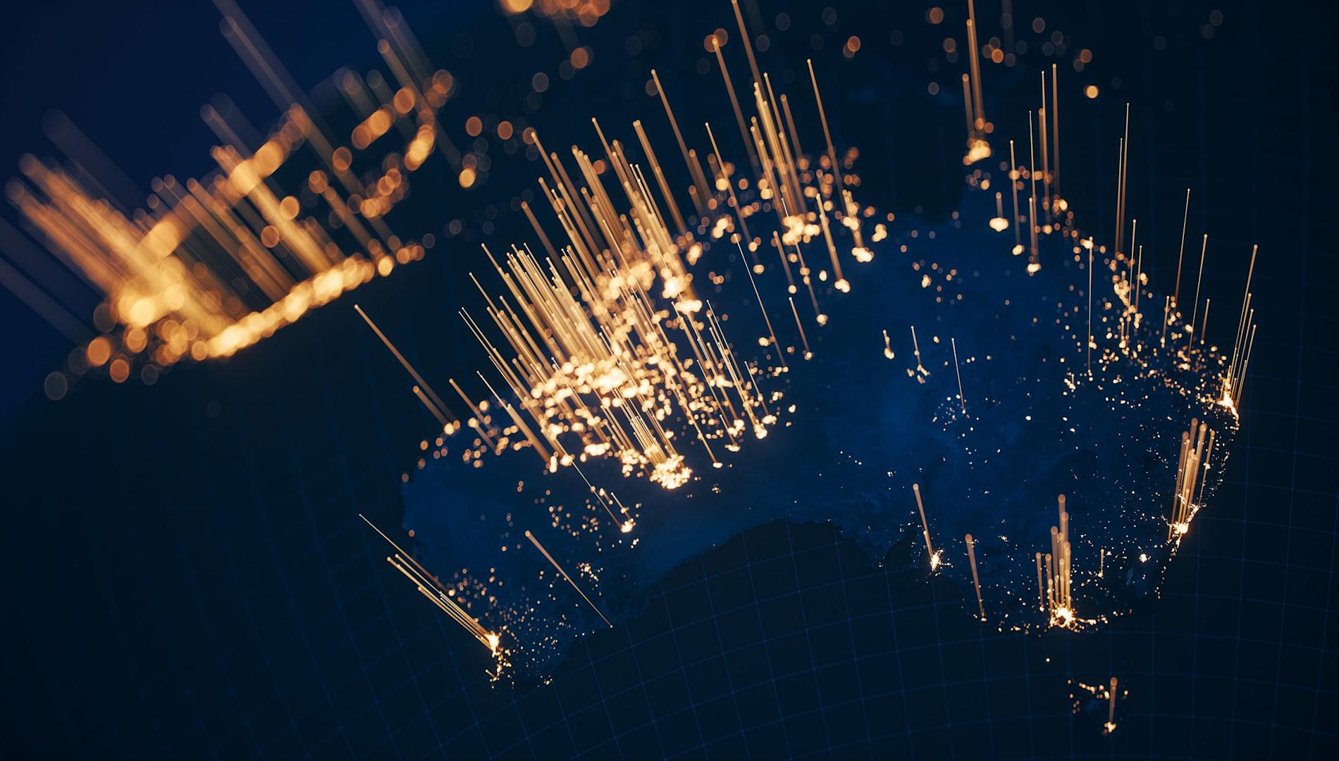 Australia with city lights and communication lines view from space at night.