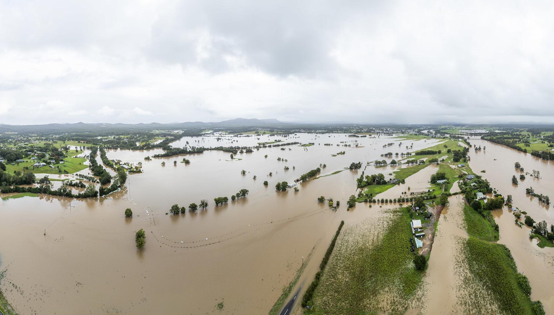 An aerial shot of the New South Wales town of Wauchope inundated by floodwaters in May 2025
