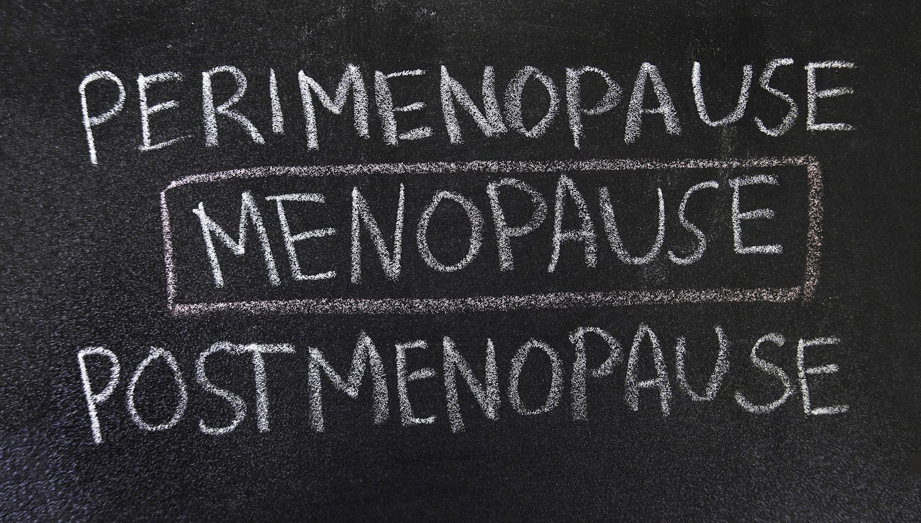 A blackboard with the words "Perimenopause", "Menopause", and "Post-menopause" written in white chalk