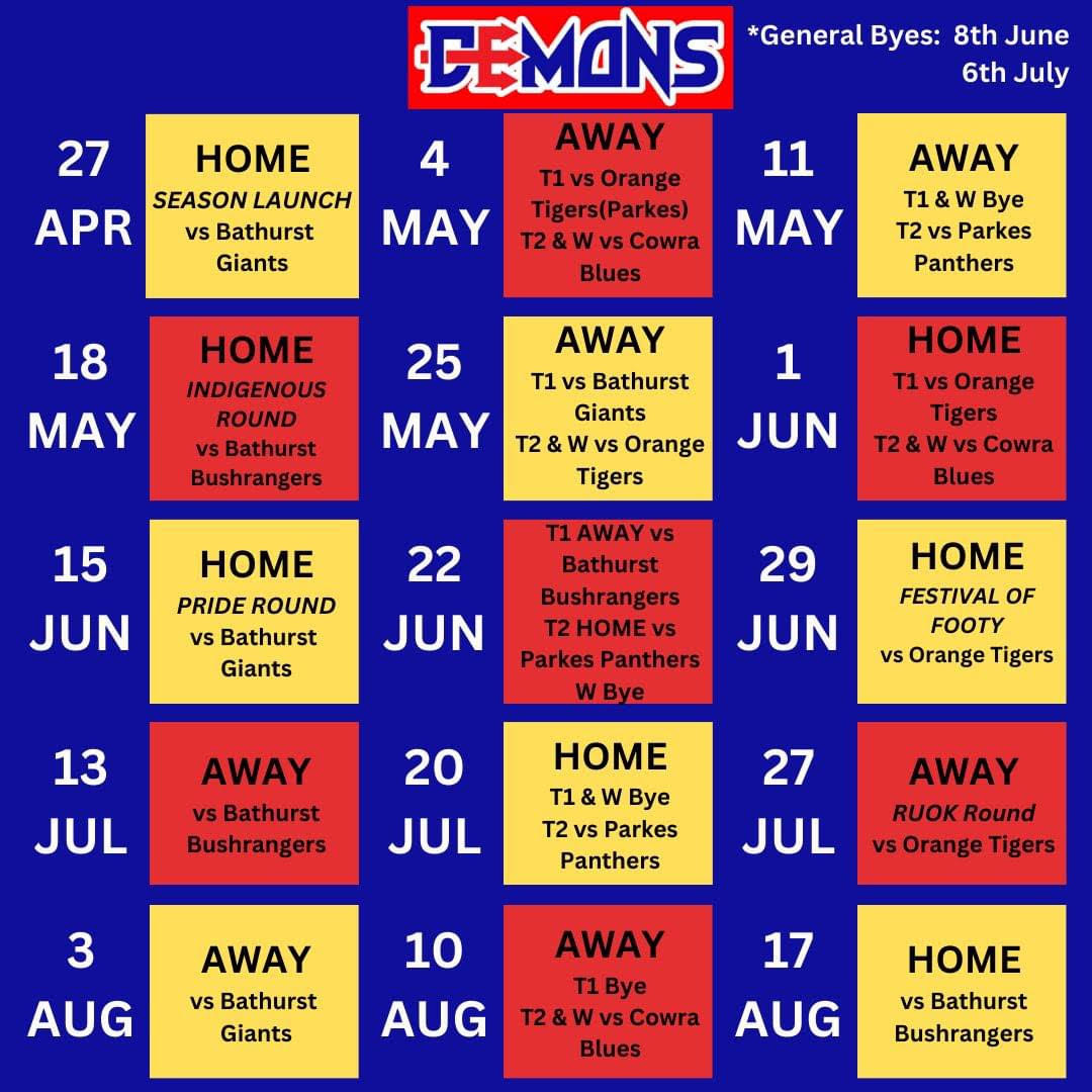 Dubbo Demons Australian Football Club’s fixture list