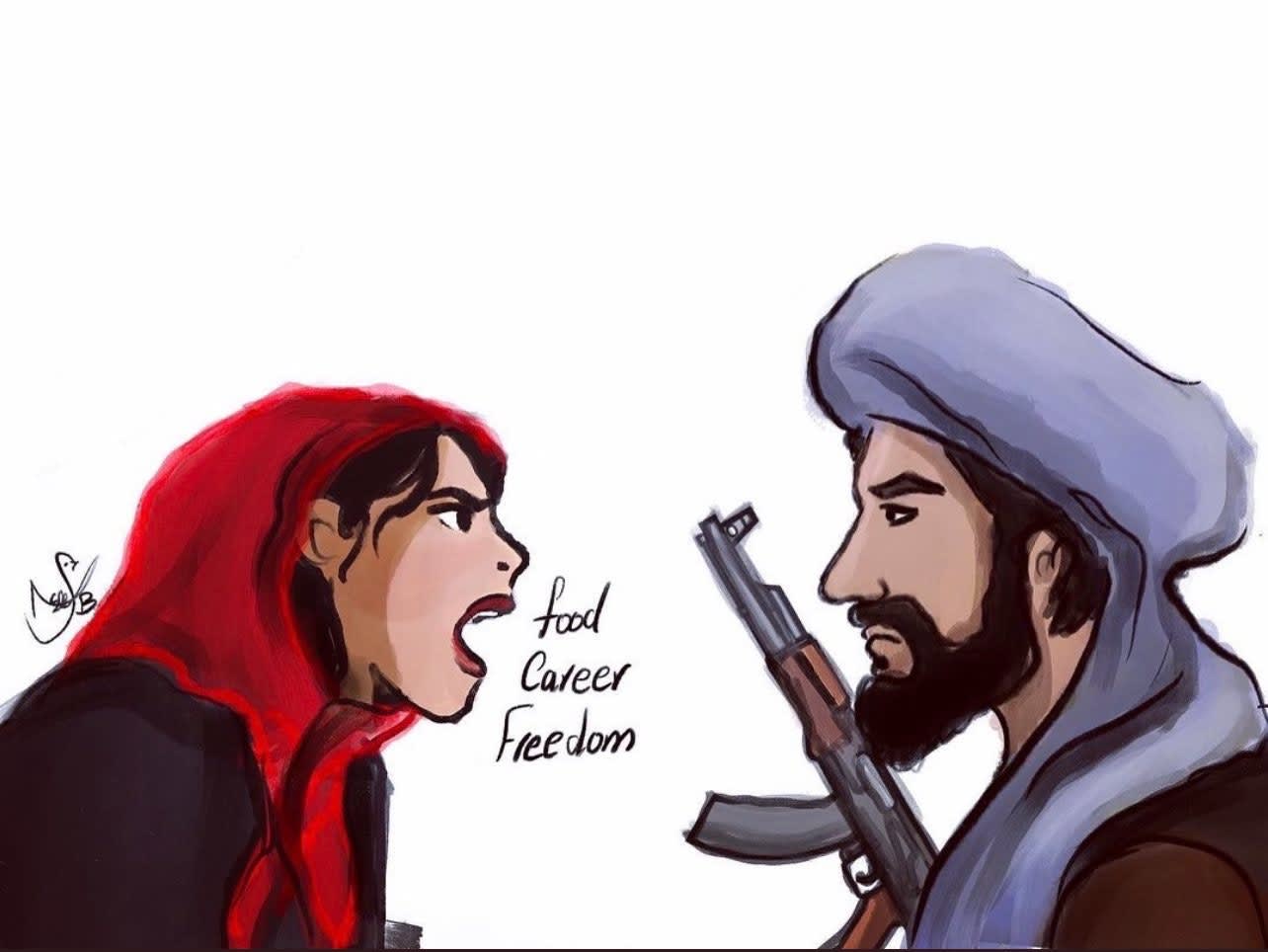 Illustration of an Afghan woman shouting at a Taliban man, separated by the words 'food', 'career' and 'freedom'