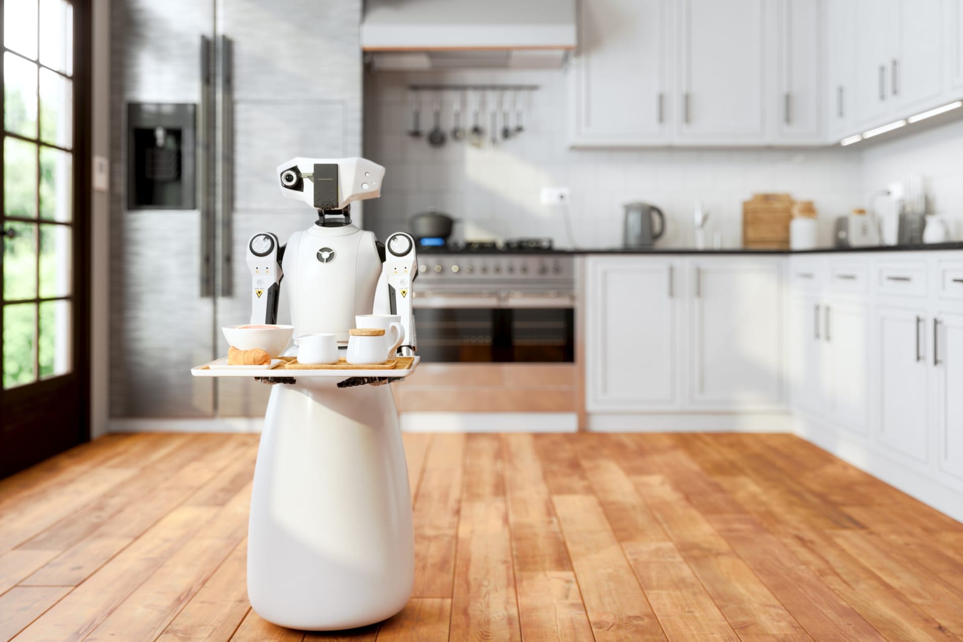 Robot Maid Holding A Tray And Serving Food And Drink In Modern Domestic Kitchen