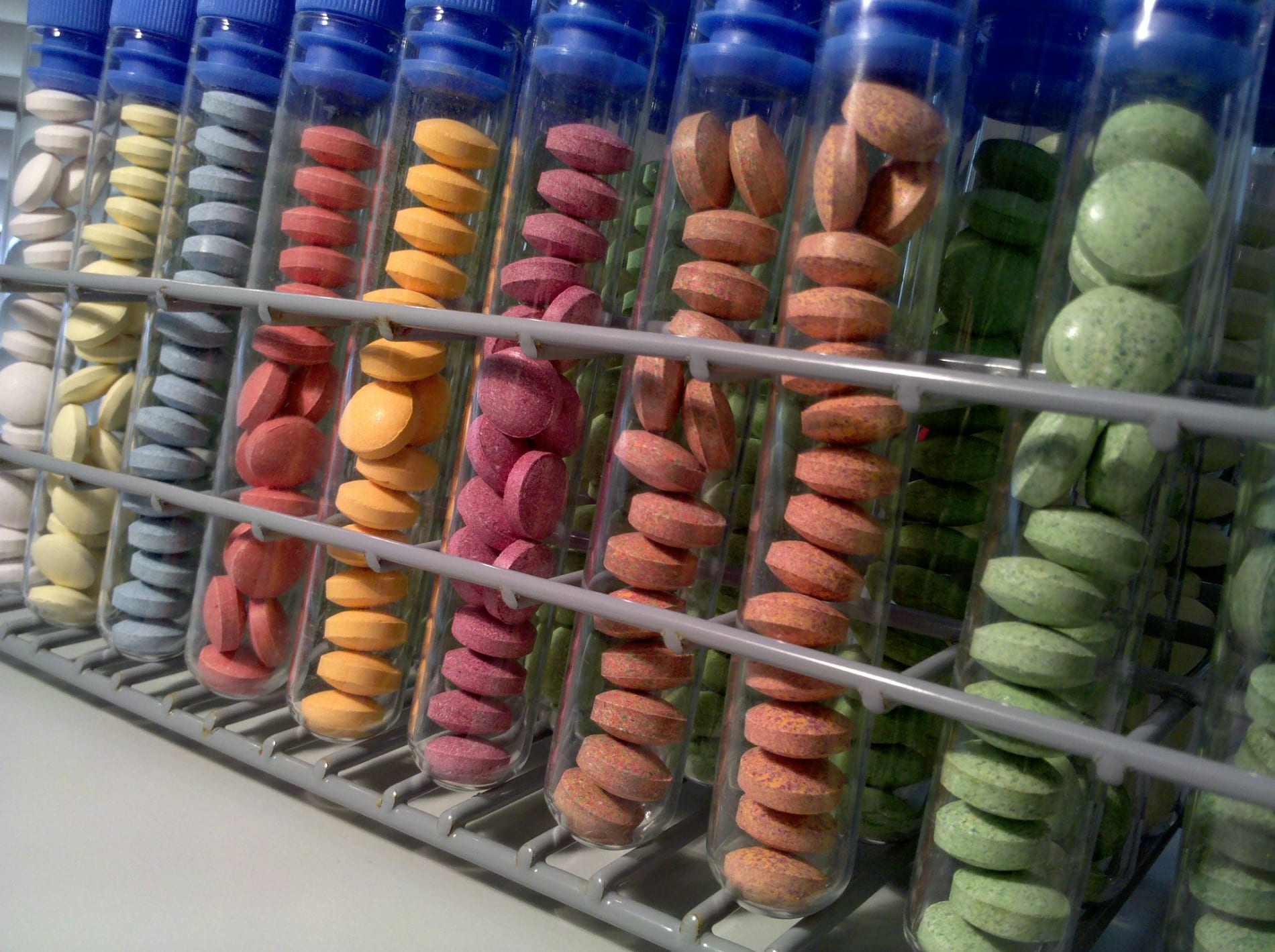 Rows and rows of coloured pills.