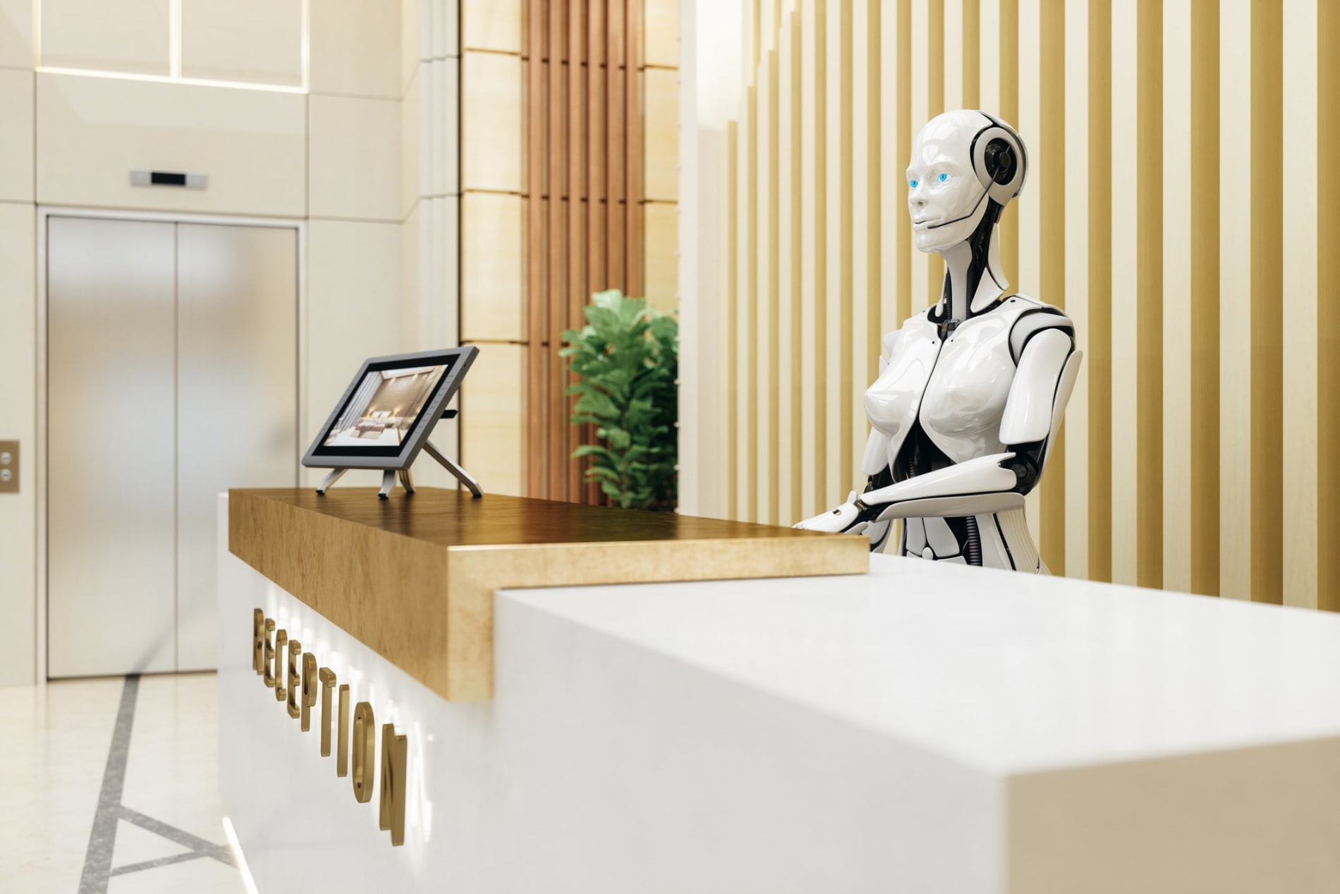 A white robotic figure standing at a reception desk