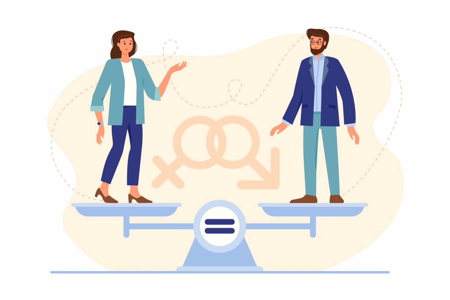 Illustration of woman and man standing on weighing dishes of balance scale – gender equality concept