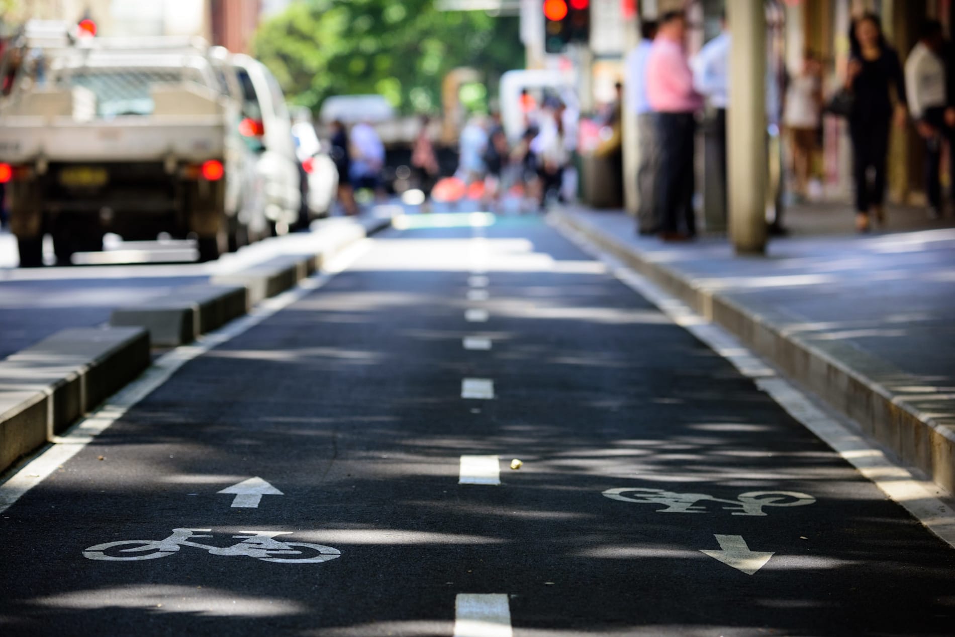 A dedicated two-way bike lane in a city CBD.