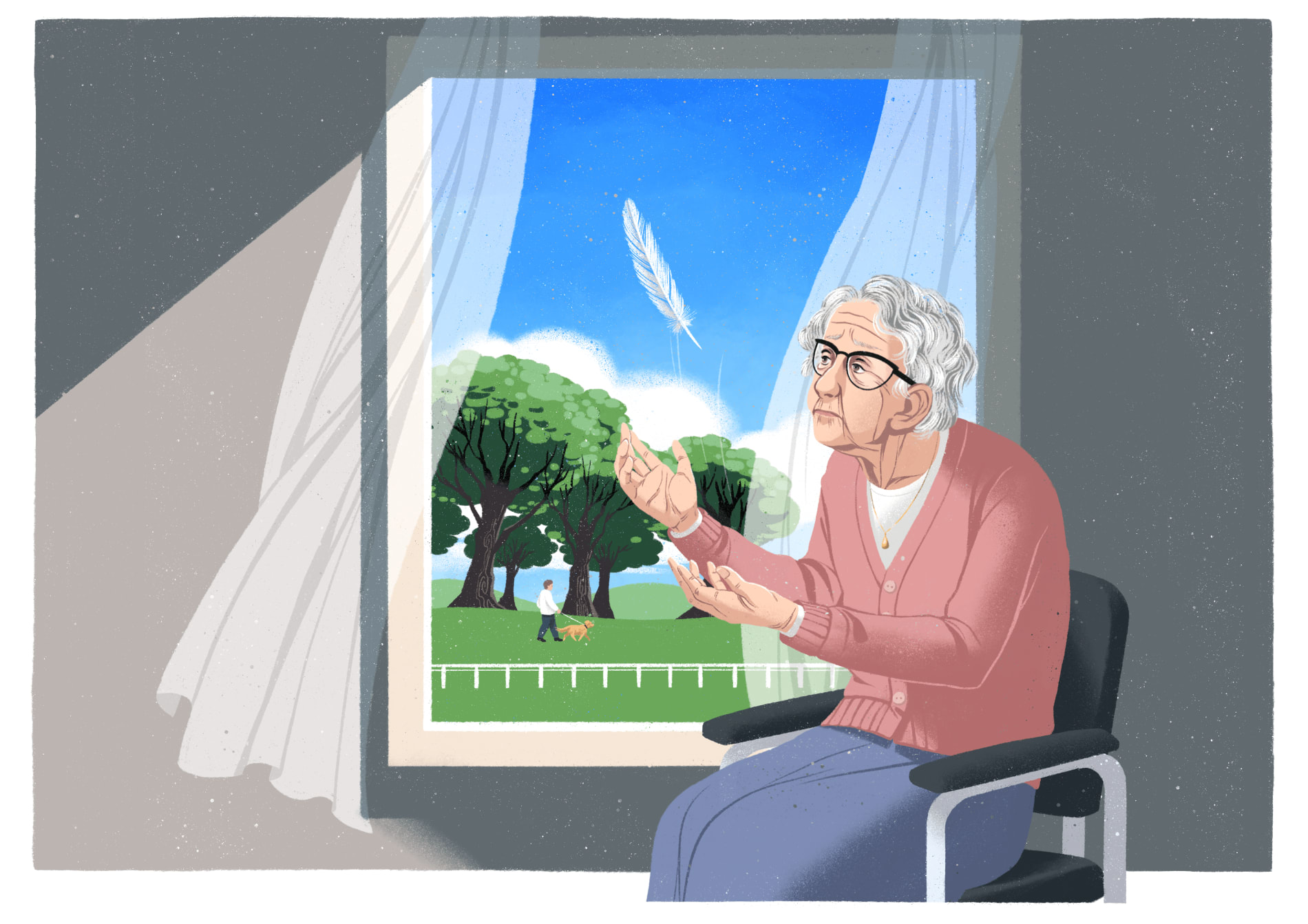 Illustration of an elderly woman sitting at a window, watching a feather fall