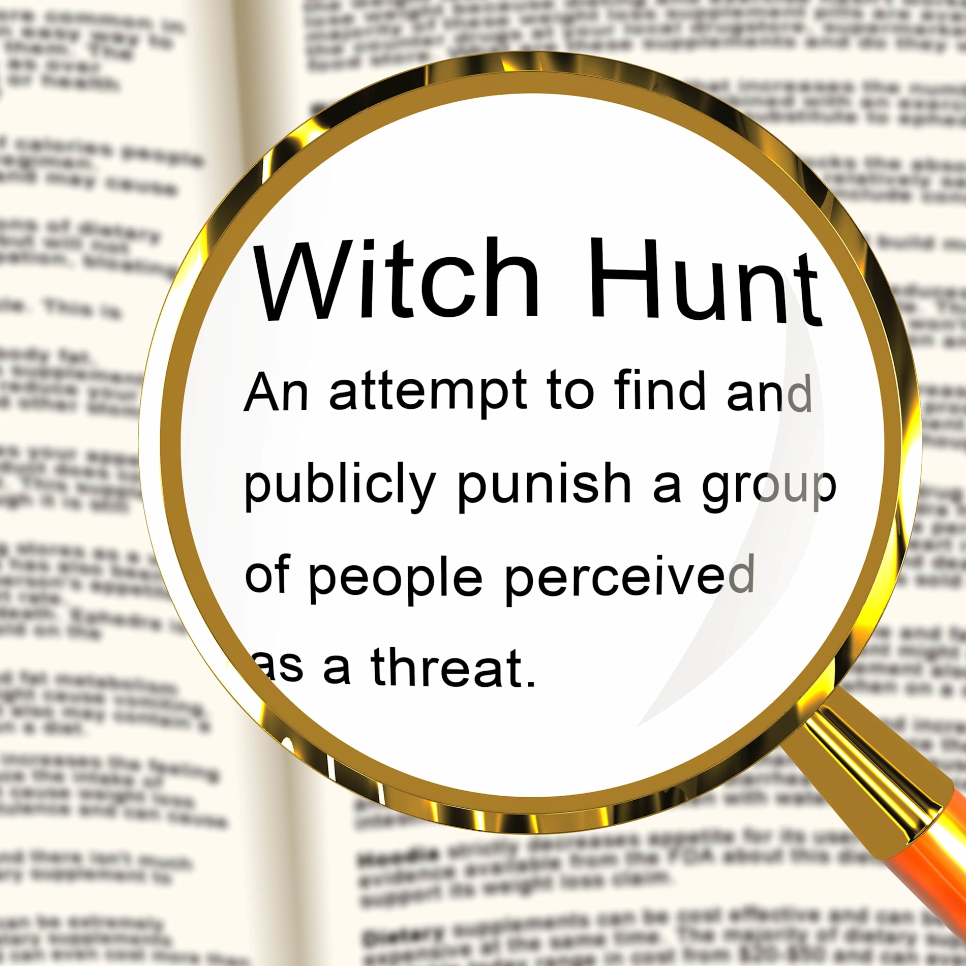 Illustration of witch-hunt definition, meaning harassment or bullying to threaten or persecute