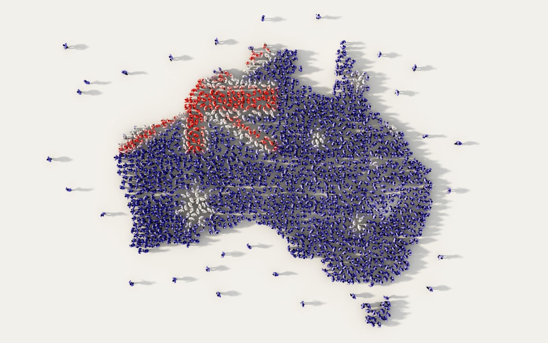 Illustration of a large group of people forming Australia map and national flag 